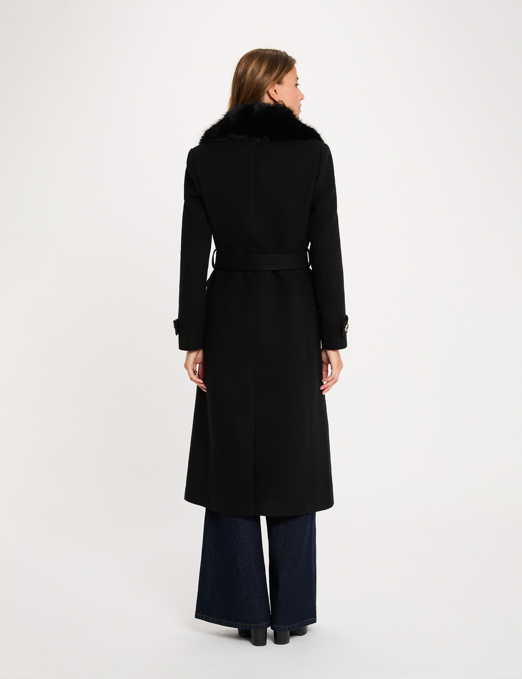 Manteau long ceintur&eacute; noir femme