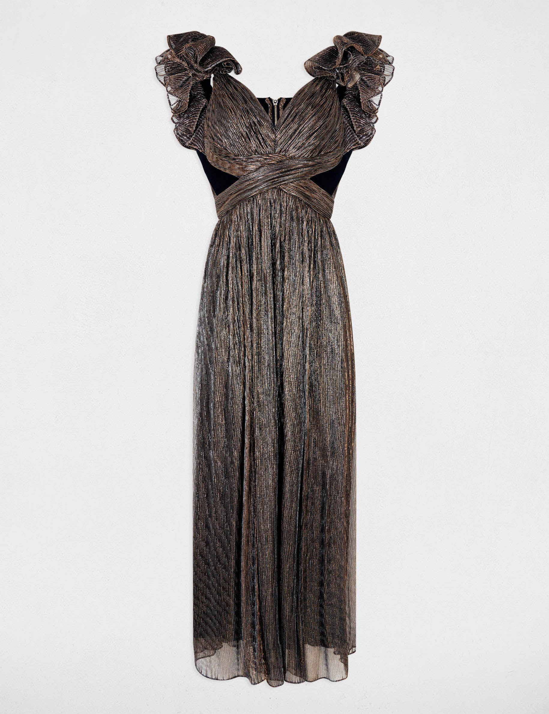 Robe longue col v couleur bronze femme