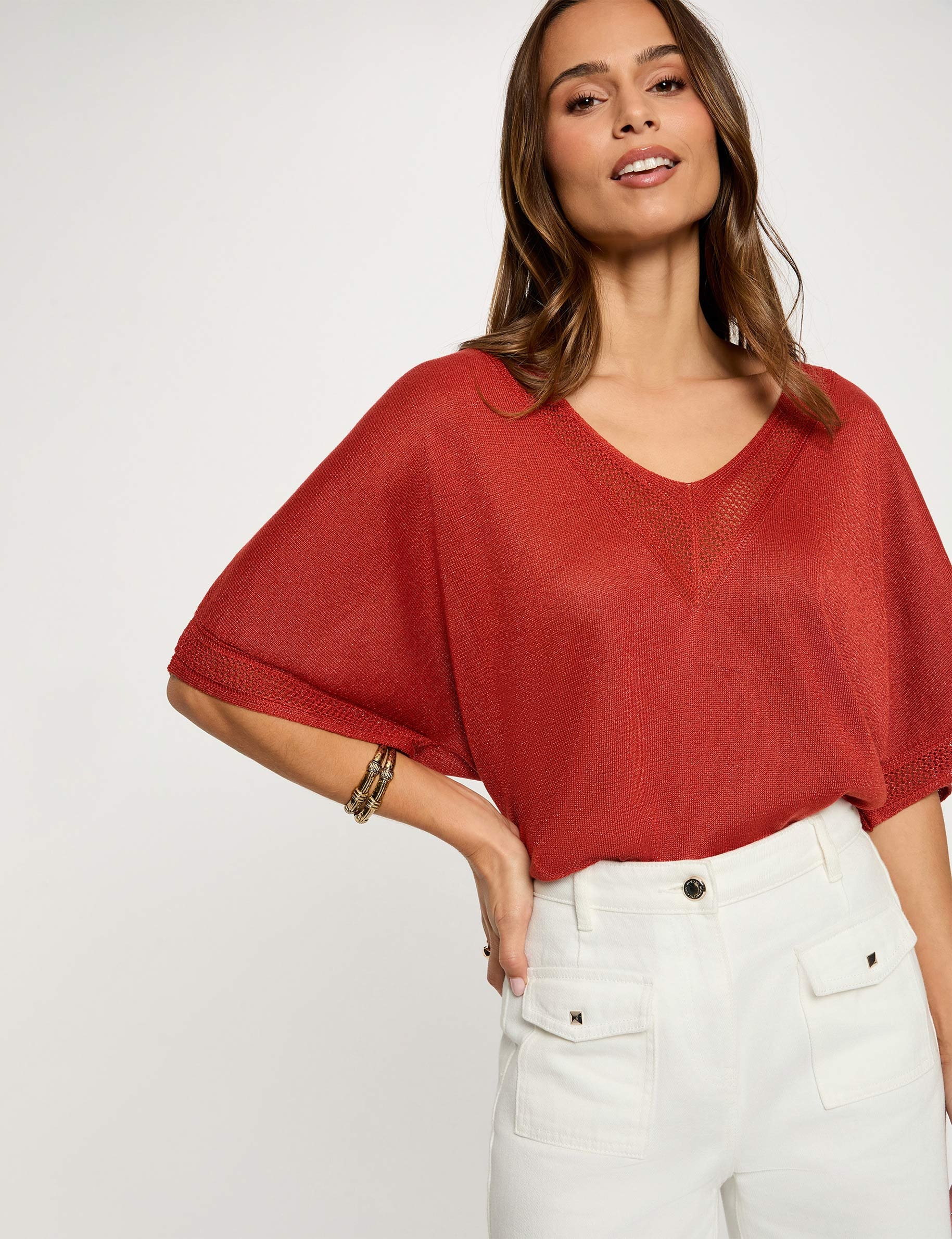 Kurzarm-Pullover mit V-Kragen dunkelorange damen