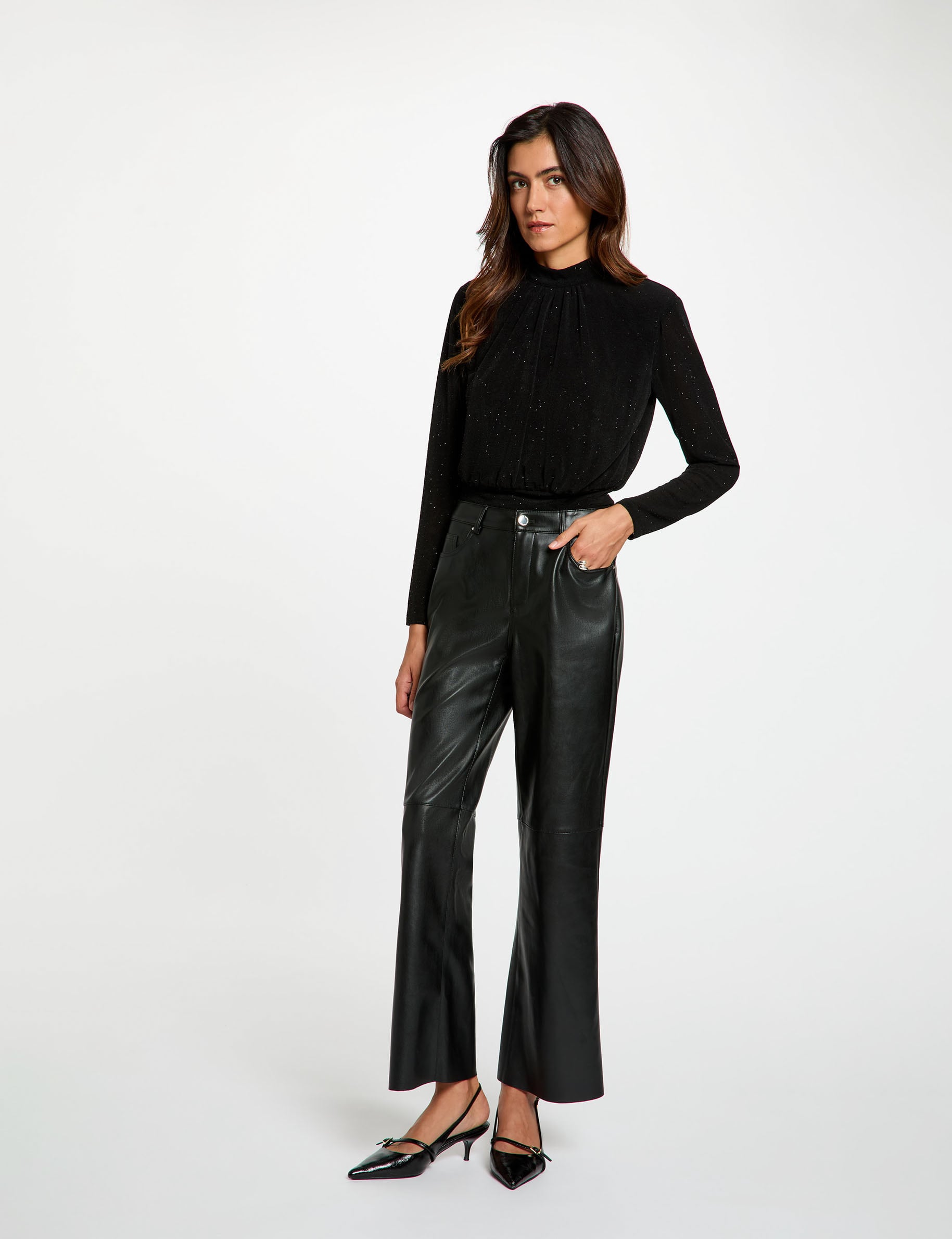 T-shirt col montant strass noir femme