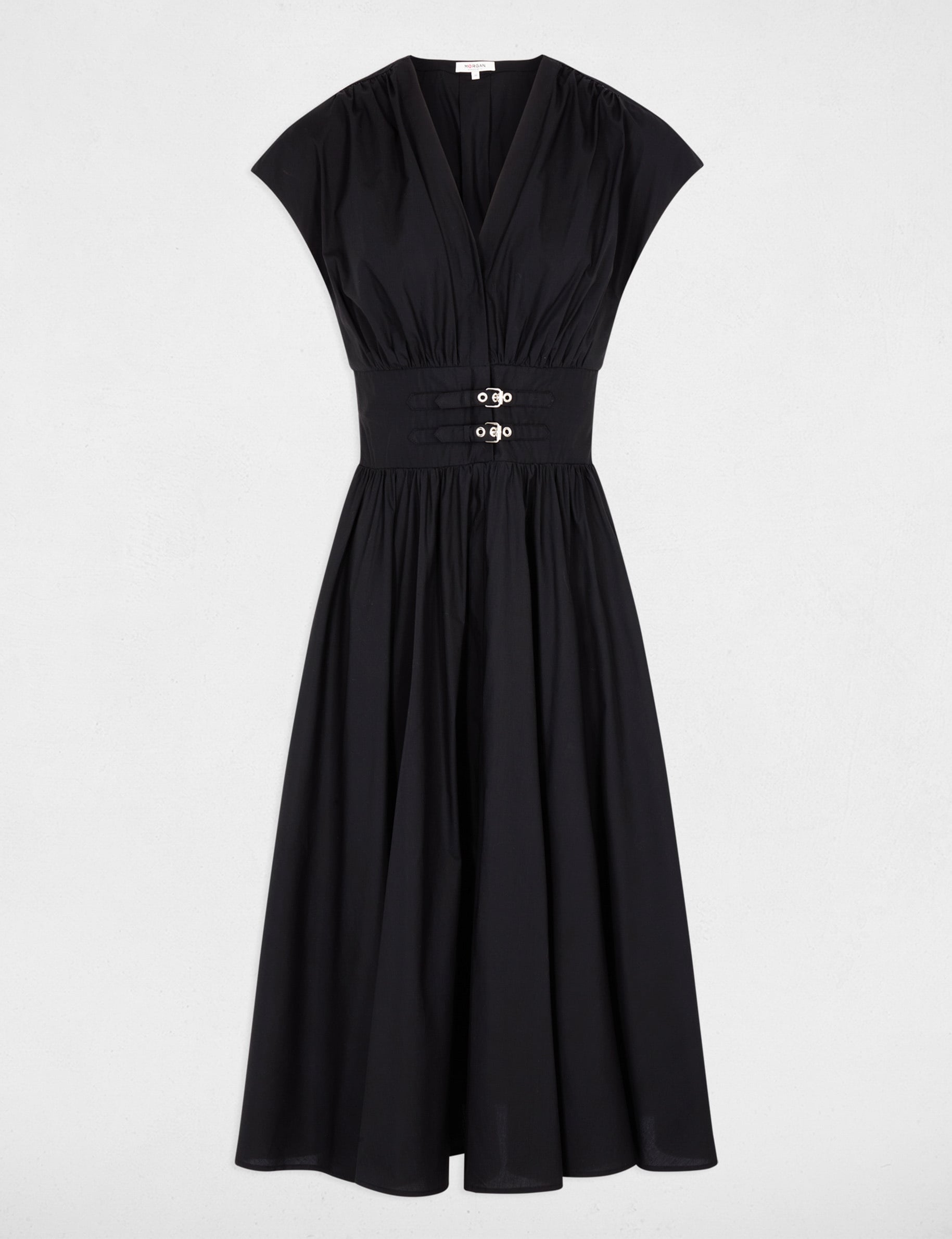 Robe mi-longue col v noir femme