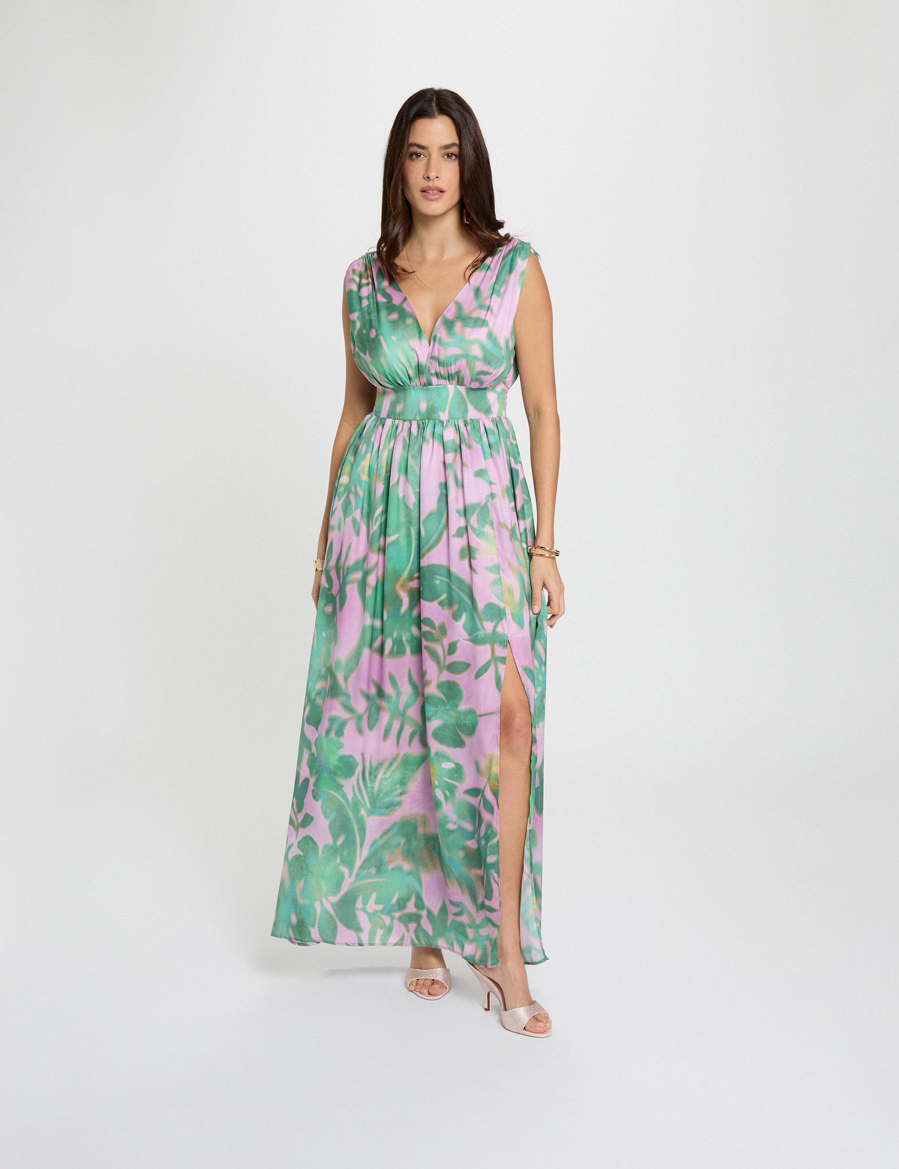 Langes Kleid mit V-Ausschnitt mehrfarbig damen