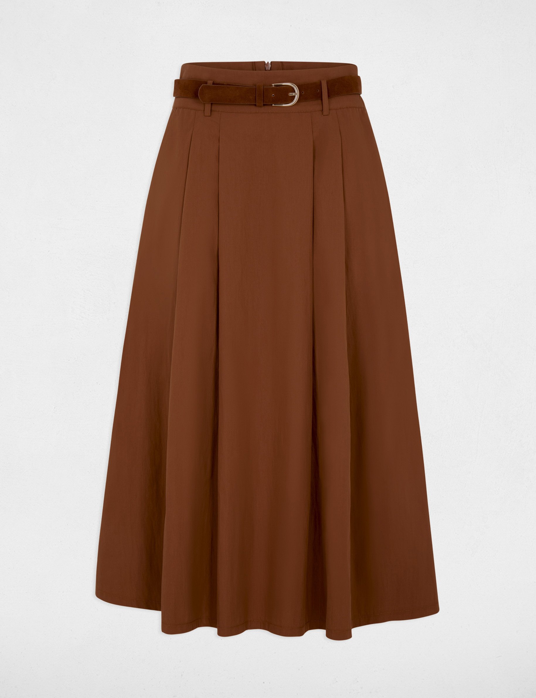 Jupe longue pliss&eacute;e marron cognac femme