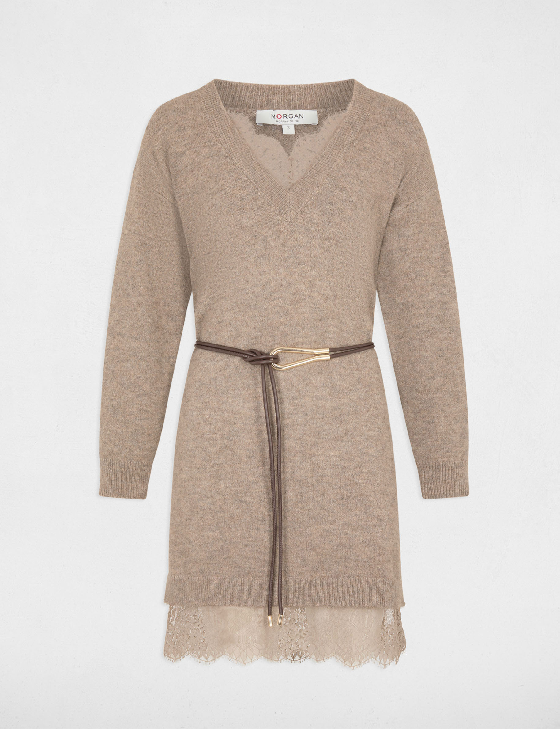Robe tricot col v taupe femme
