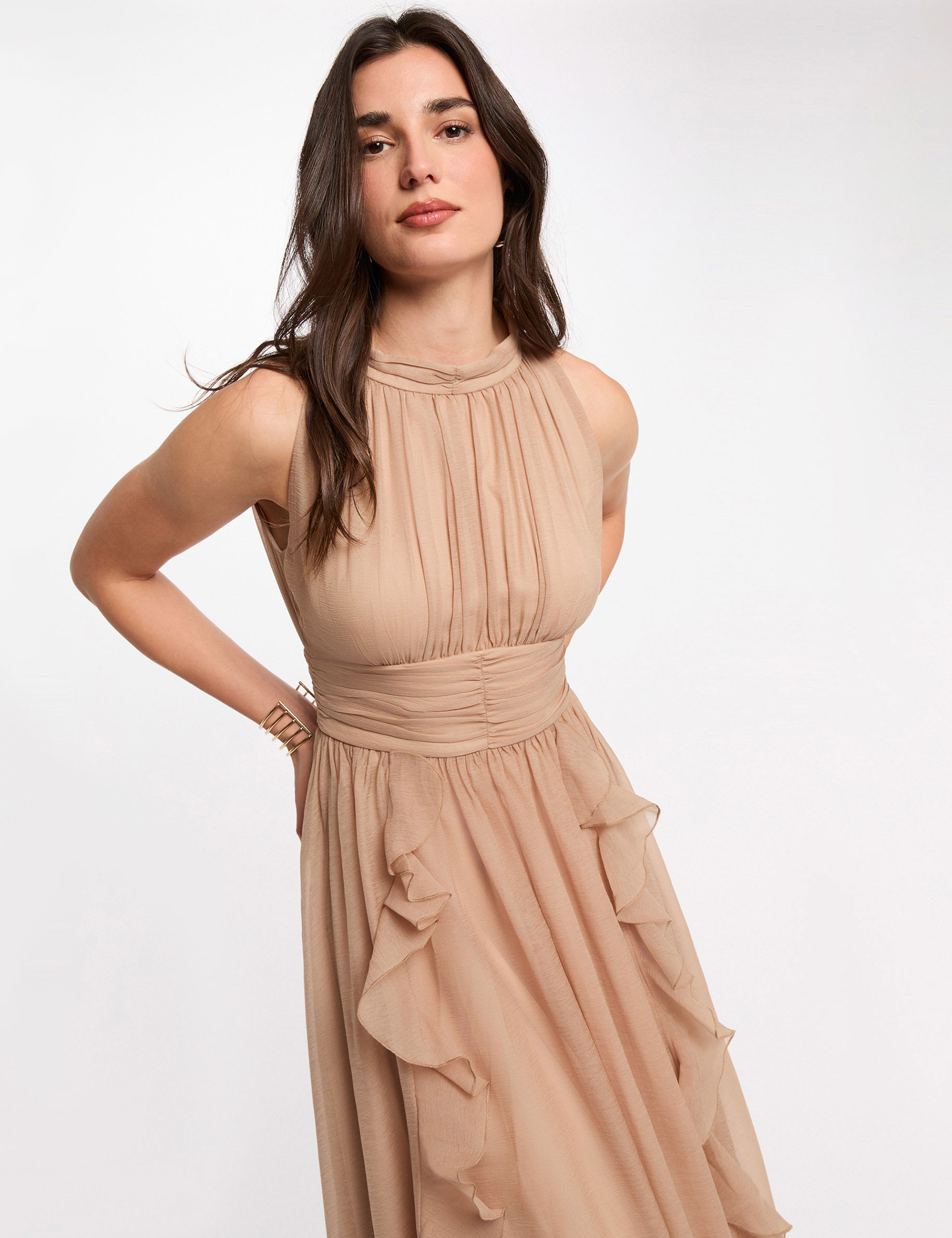 Langes Kleid mit Stehkragen maulwurfsgrau damen