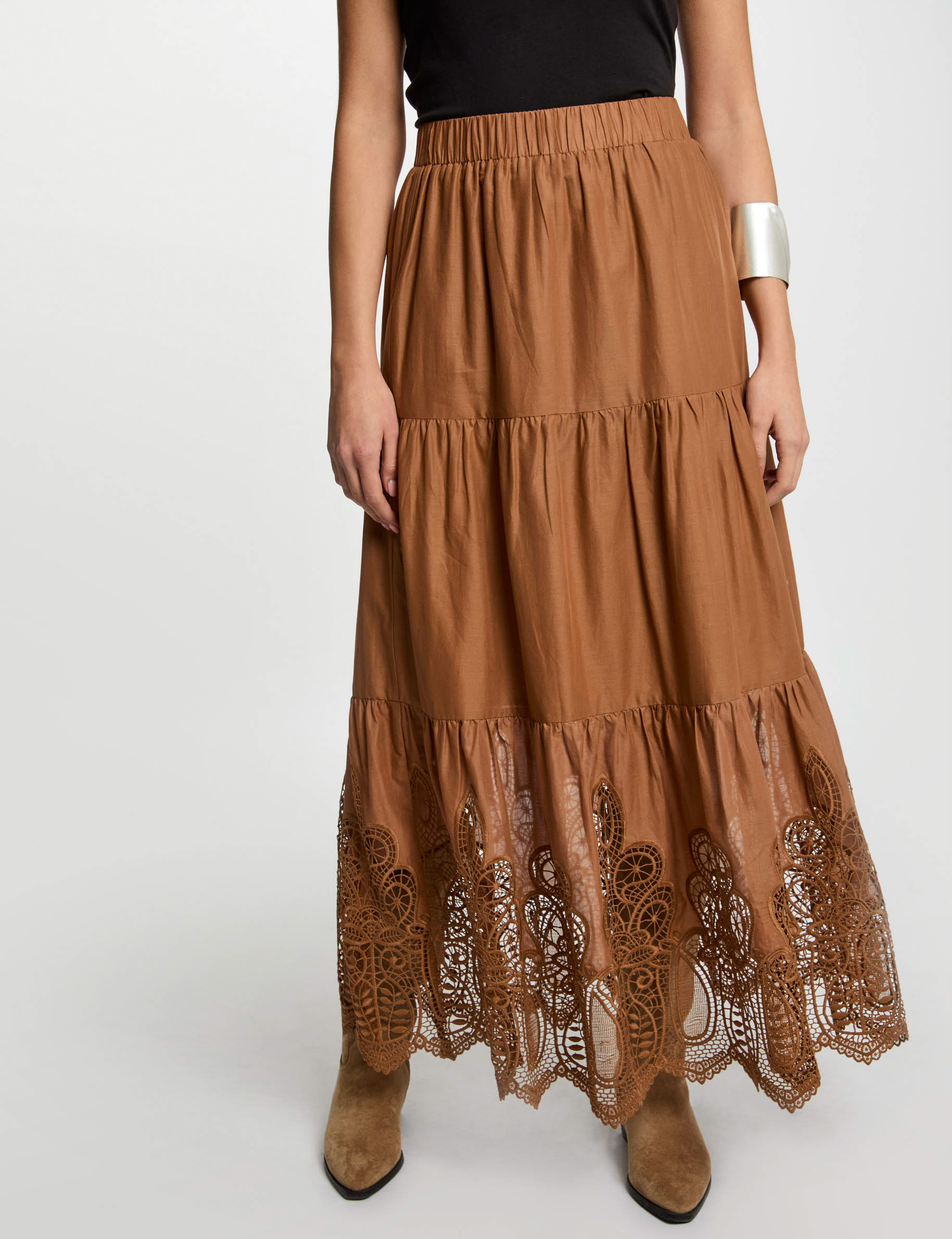 langer rock mit spitzen details cognacbraun damen Langer Rock mit Spitzen-Details cognacbraun damen