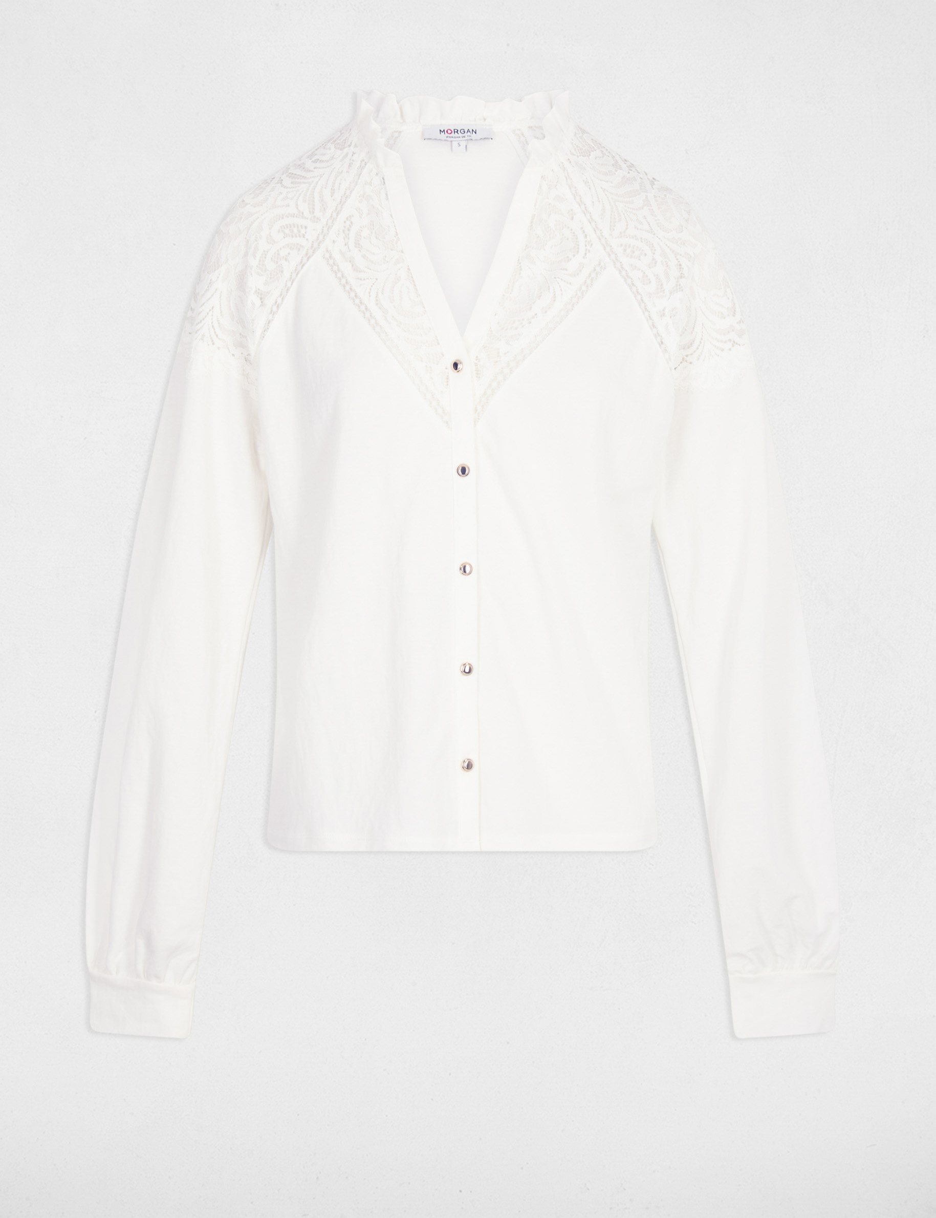 T-shirt dentelle col v blanc femme