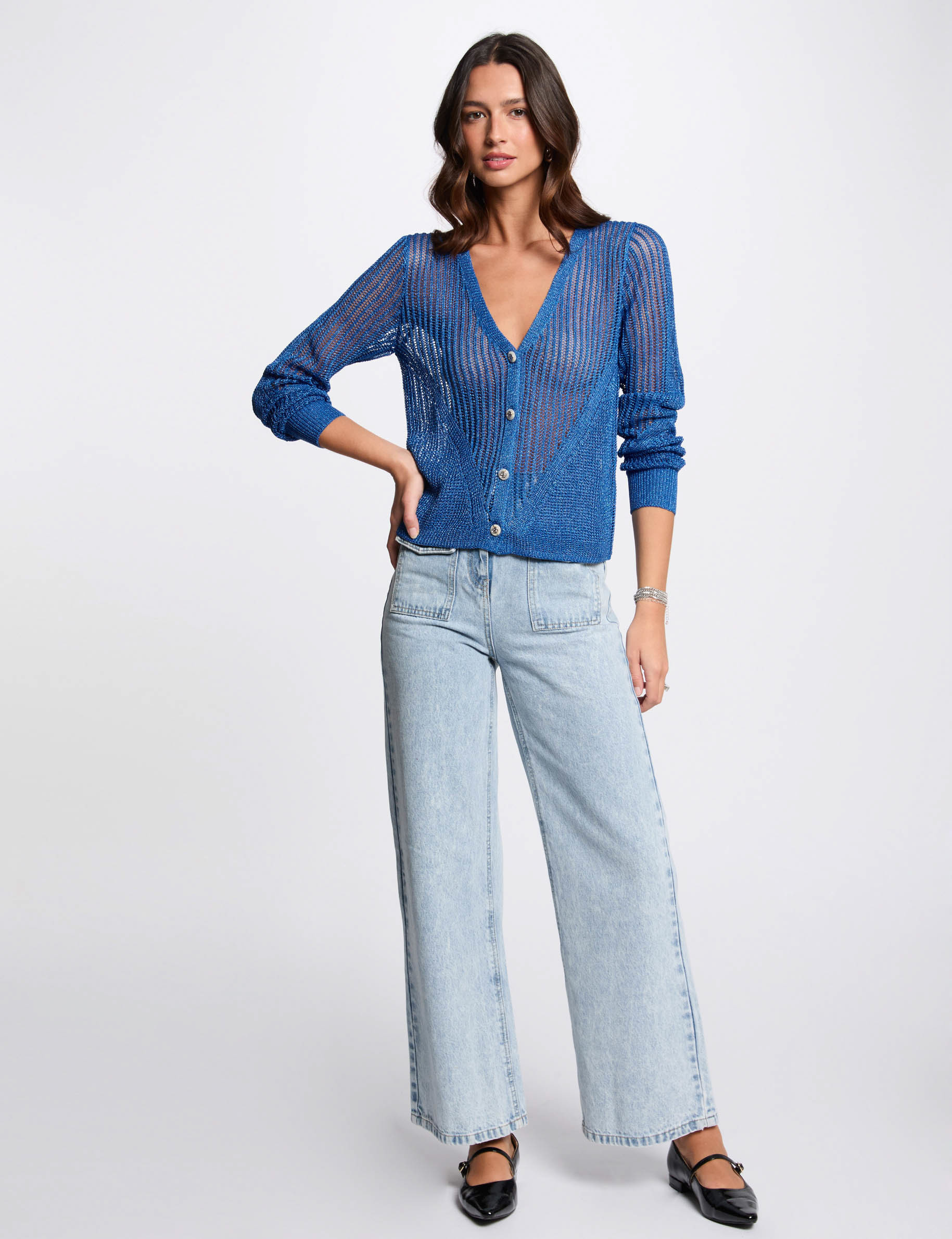 gilet manches longues ajoure bleu electrique femme Gilet manches longues ajouré bleu electrique femme