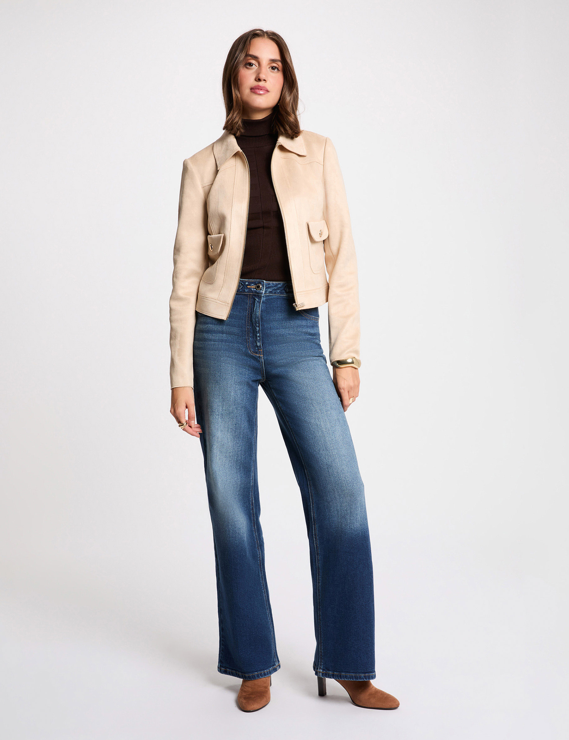 Kurze Jacke aus Wildlederoptik marron clair damen