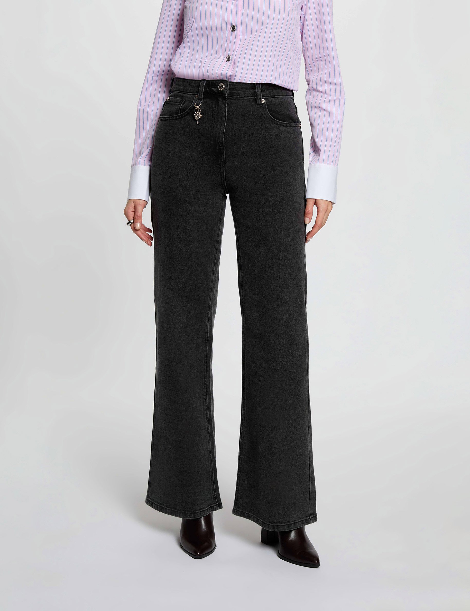 Weit geschnittene hochgeschnittene Hose schwarz denim damen