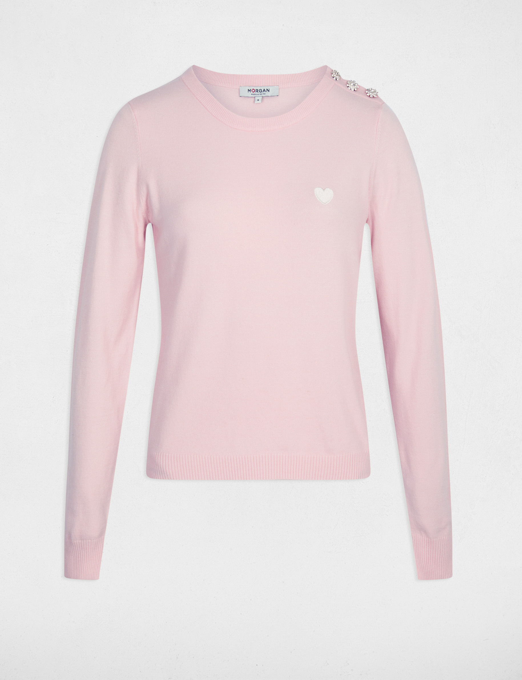 Pull col rond et boutons rose clair femme