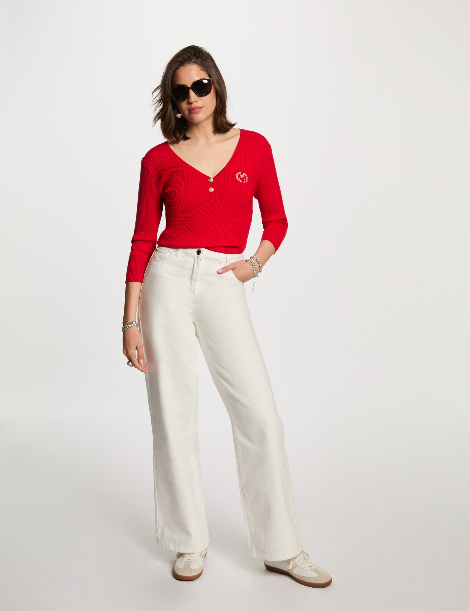 pull col en v cotele rouge femme Pull col en V côtelé rouge femme