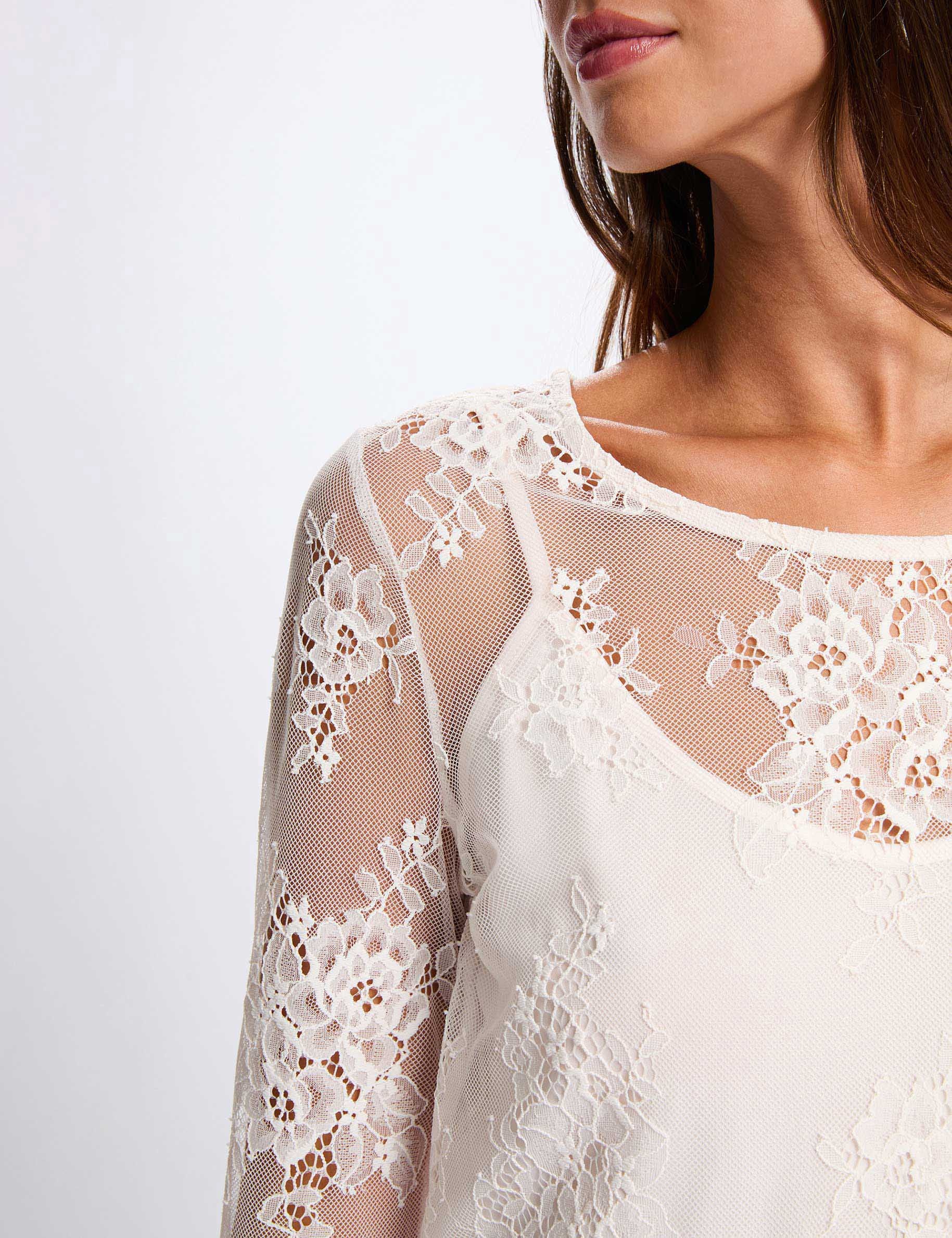 T-shirt dentelle manches longues ivoire femme