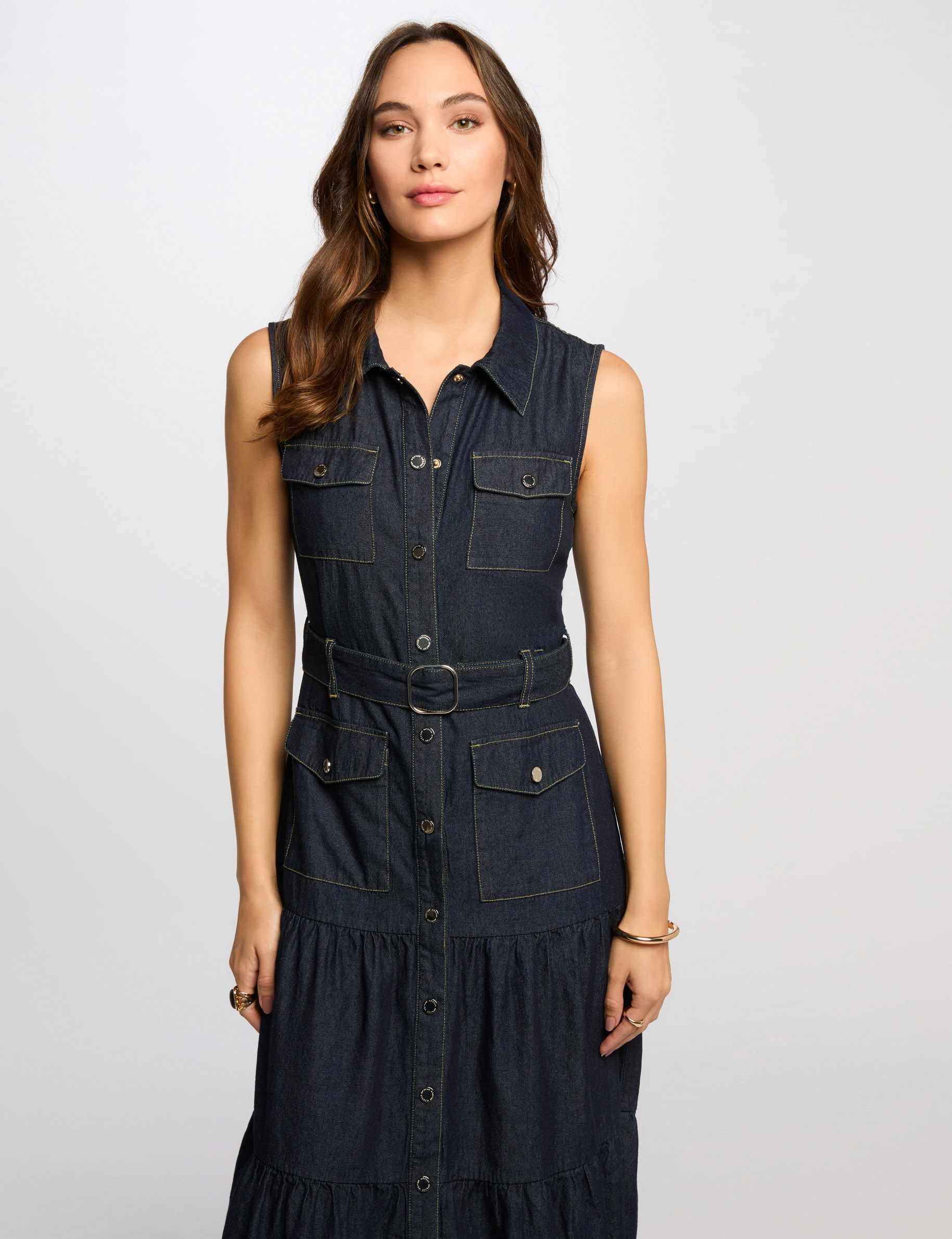 Langes gerade geschnittenes Jeanskleid rohes denim damen