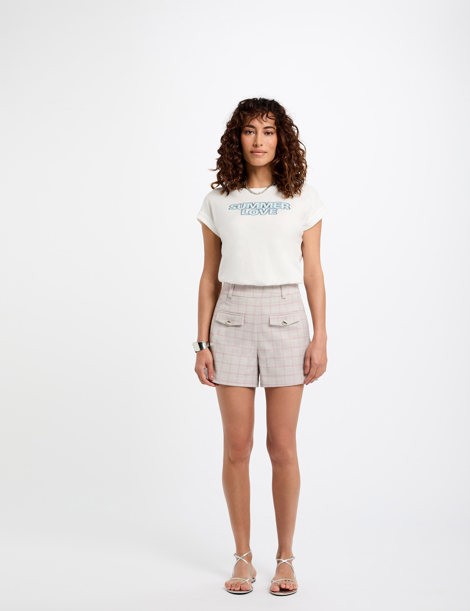 short taille haute a carreaux multicolore femme Short taille haute à carreaux multicolore femme