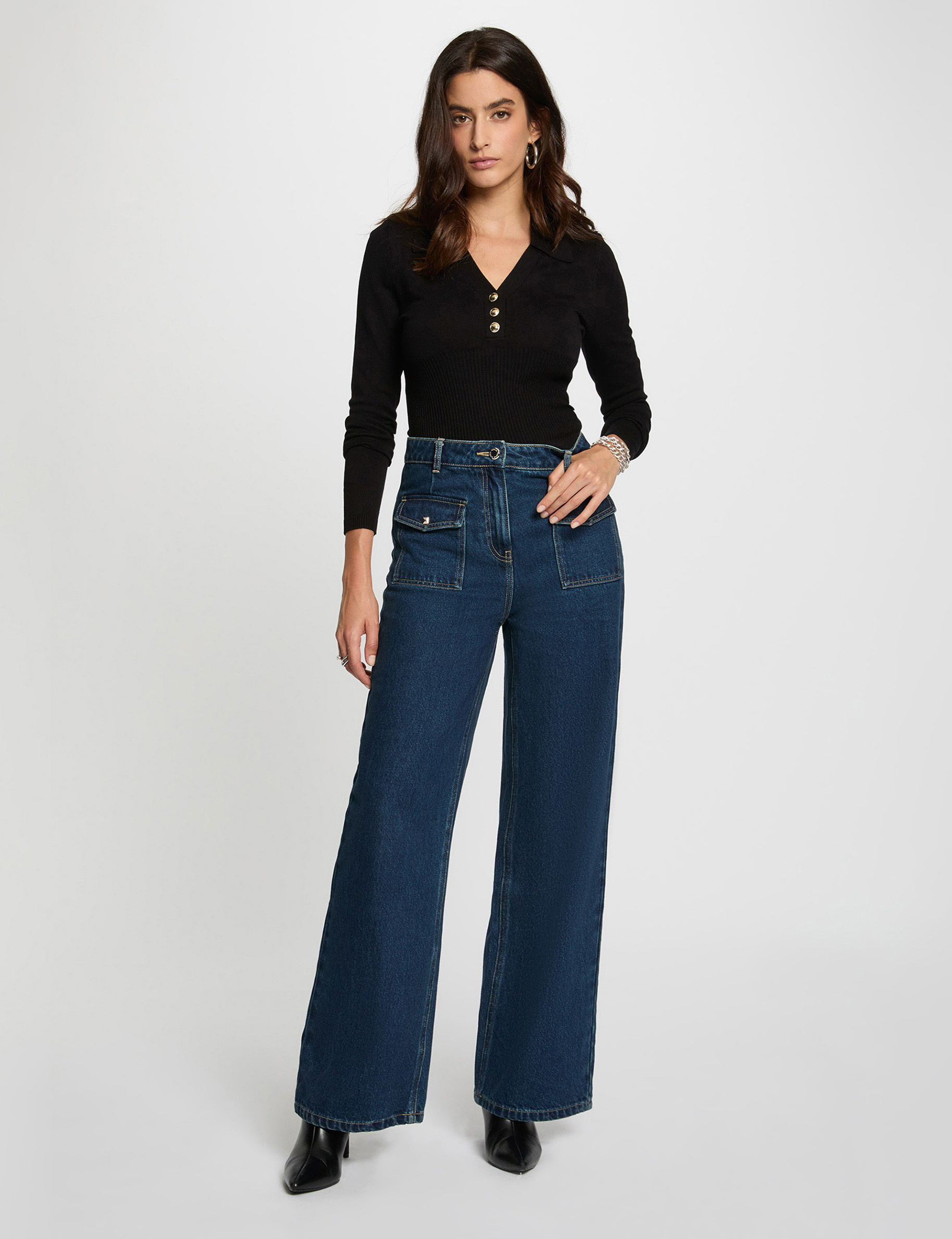 pull ajuste col polo noir femme Pull ajusté col polo noir femme