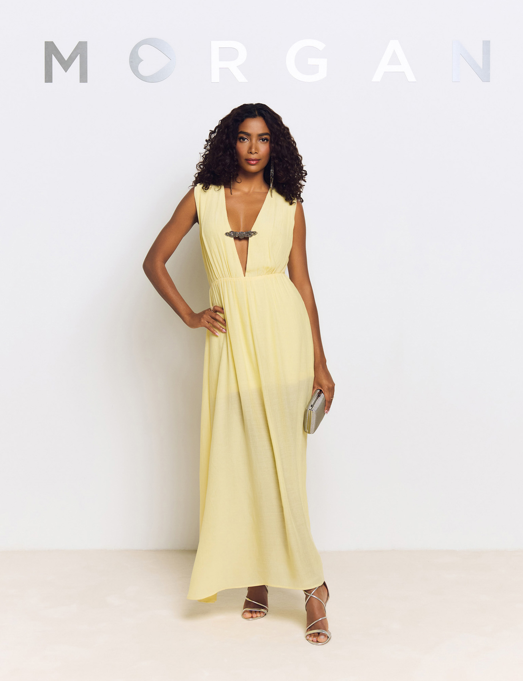 Robe longue droite jaune pastel femme