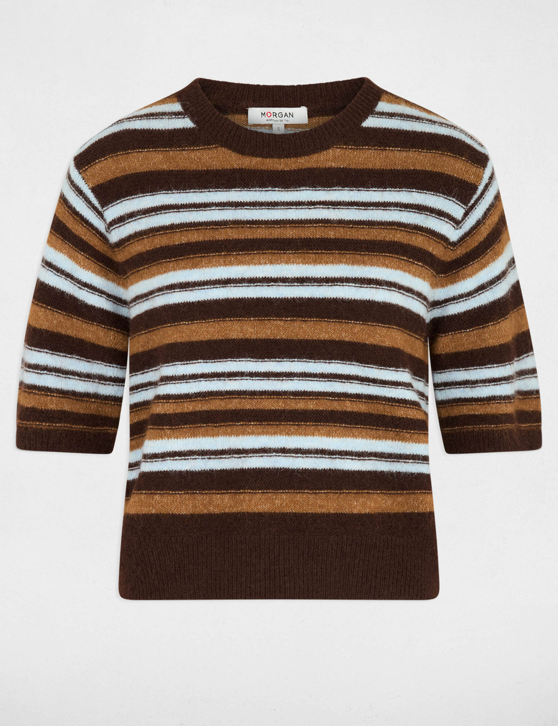 Pull manches courtes ray&eacute; marron femme