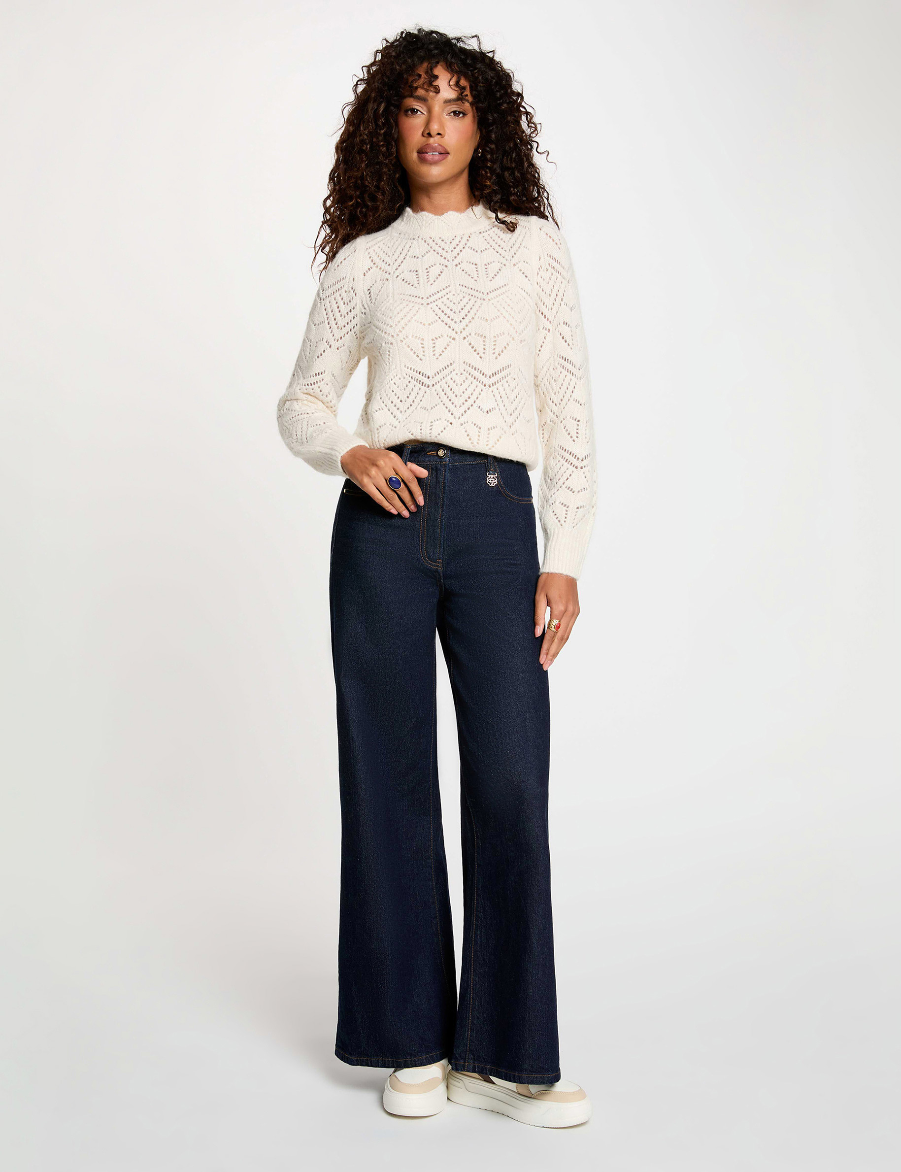Lochmuster-Pullover mit Rundhals elfenbein damen