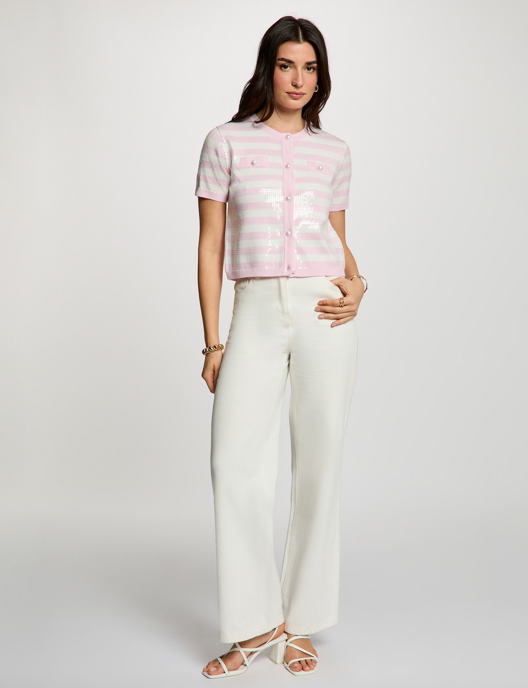 Gilet ray&eacute; sequins rose femme