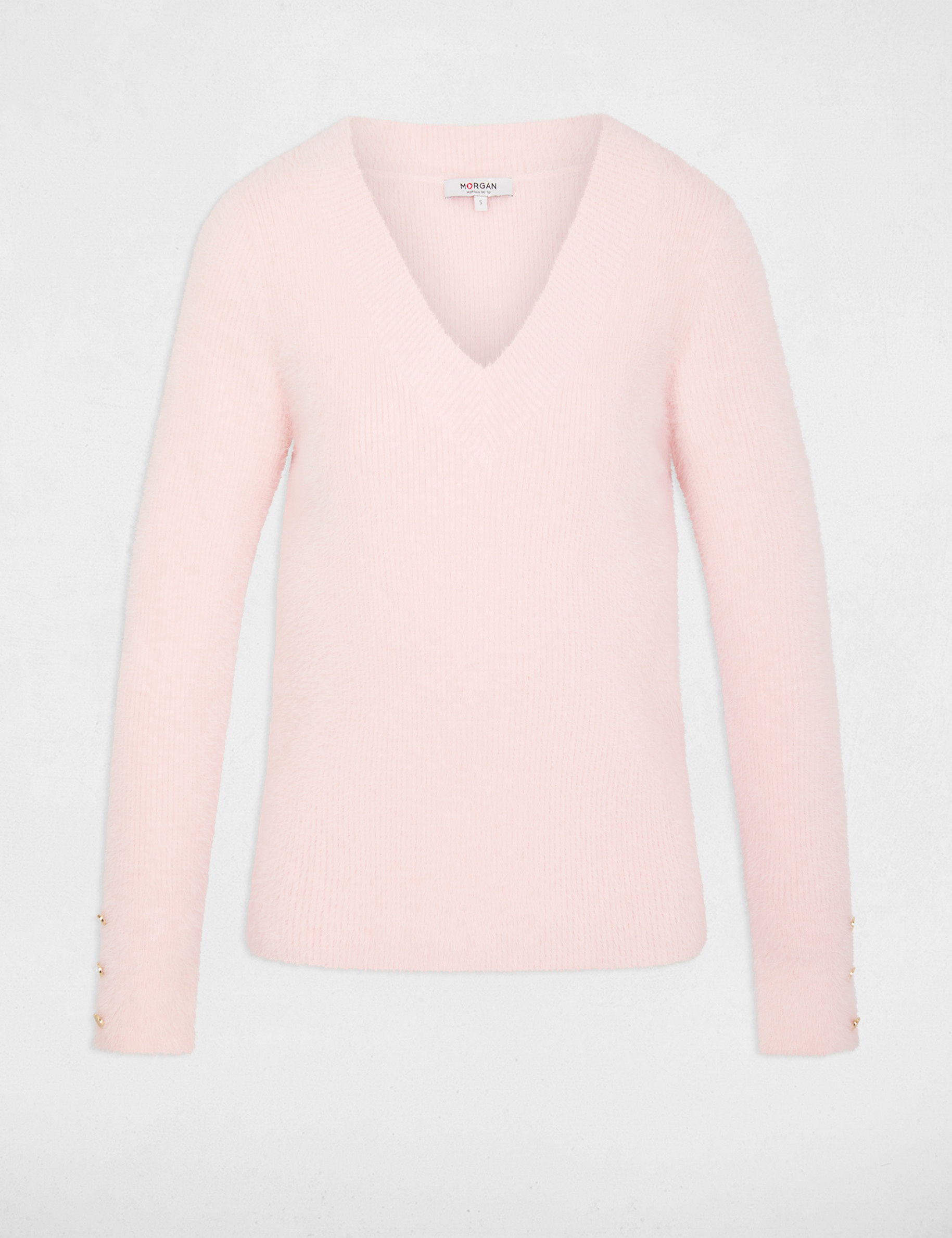 Pull col v manches longues rose clair femme