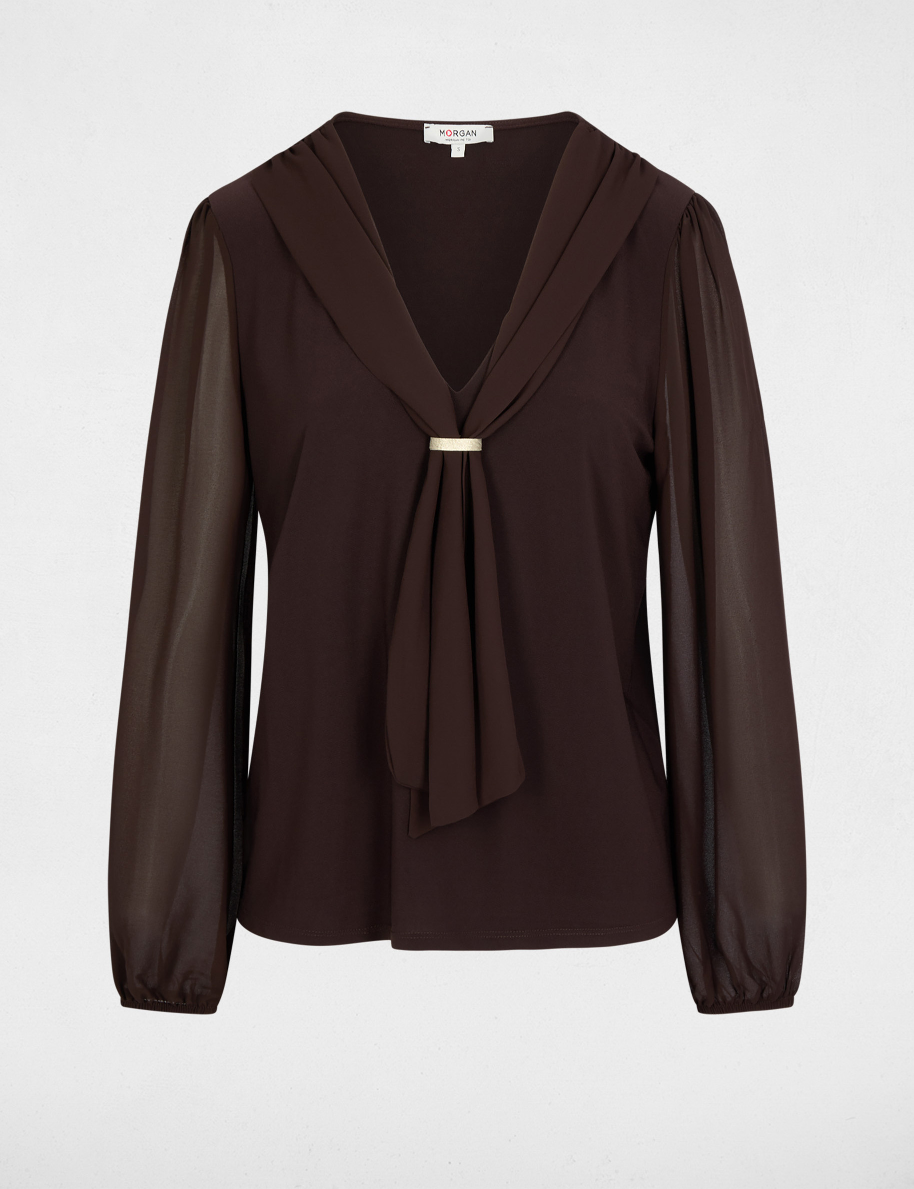 T-Shirt aus Voile mit Lavalli&egrave;re-Kragen dunkelbraun damen