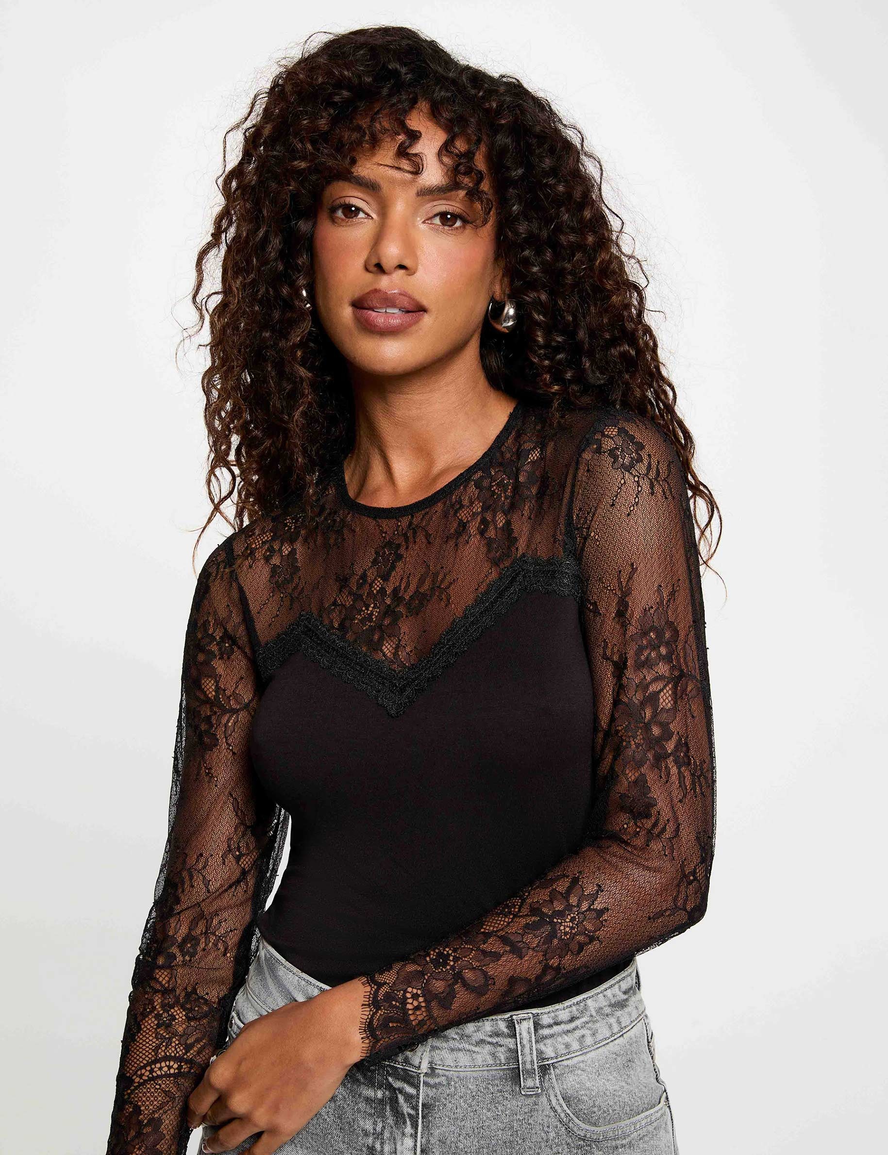 T-Shirt aus Spitze schwarz damen