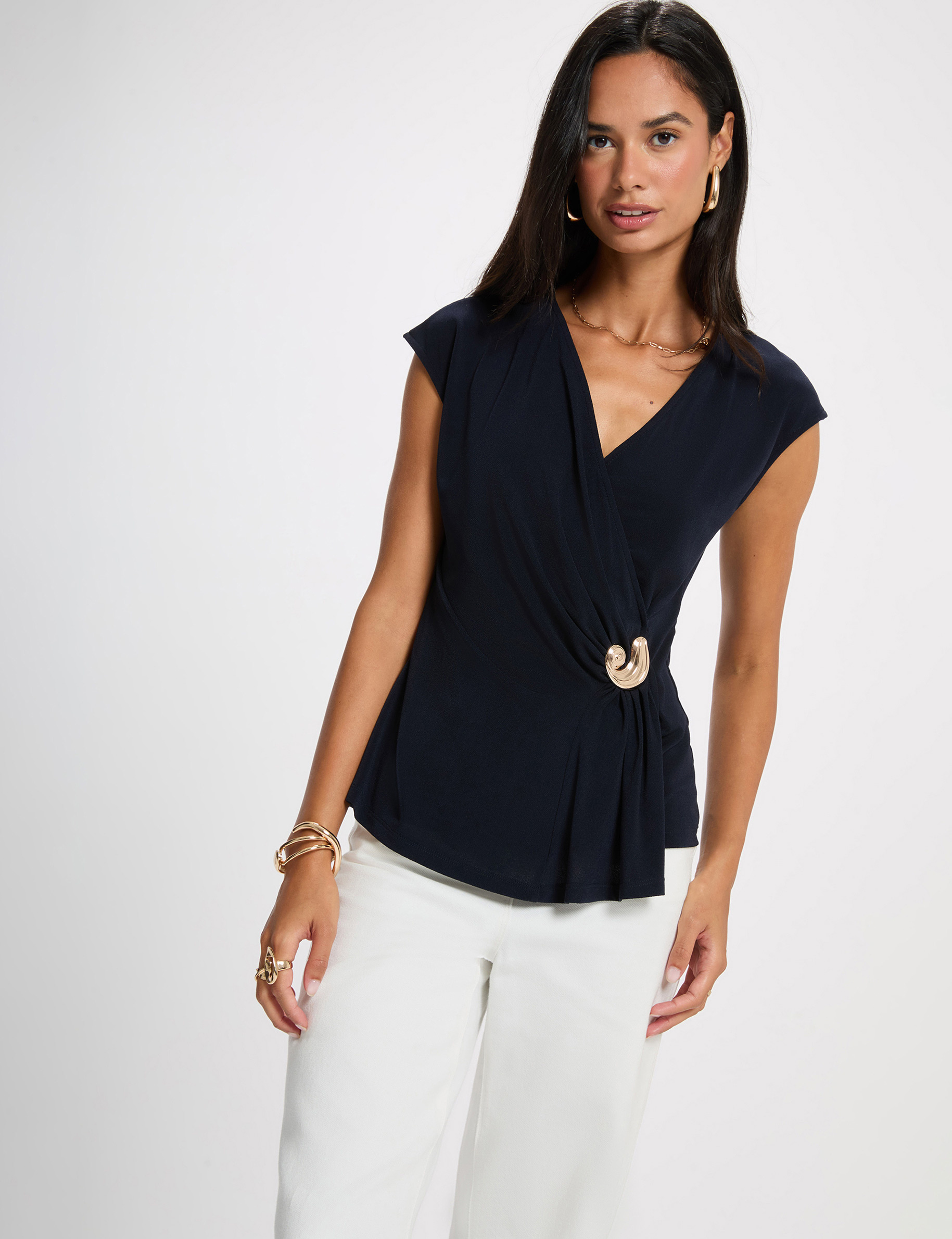 Top sans manches col v bleu marine femme