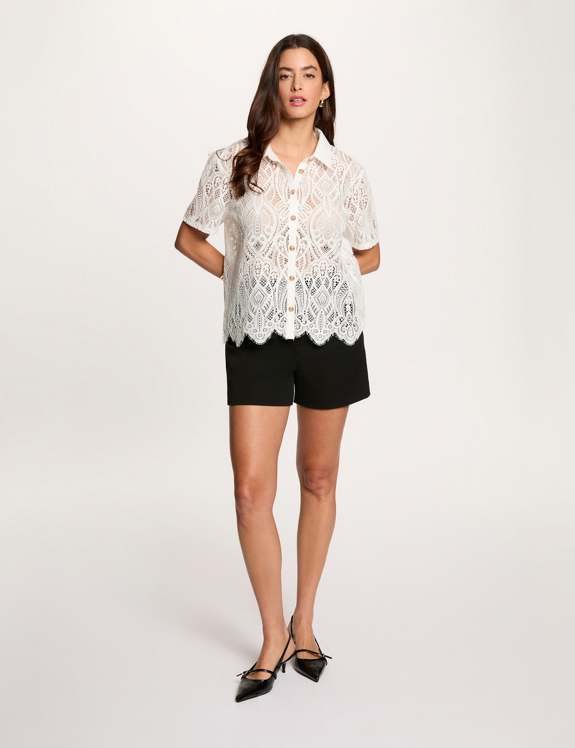 Chemise dentelle col &agrave; revers blanc femme