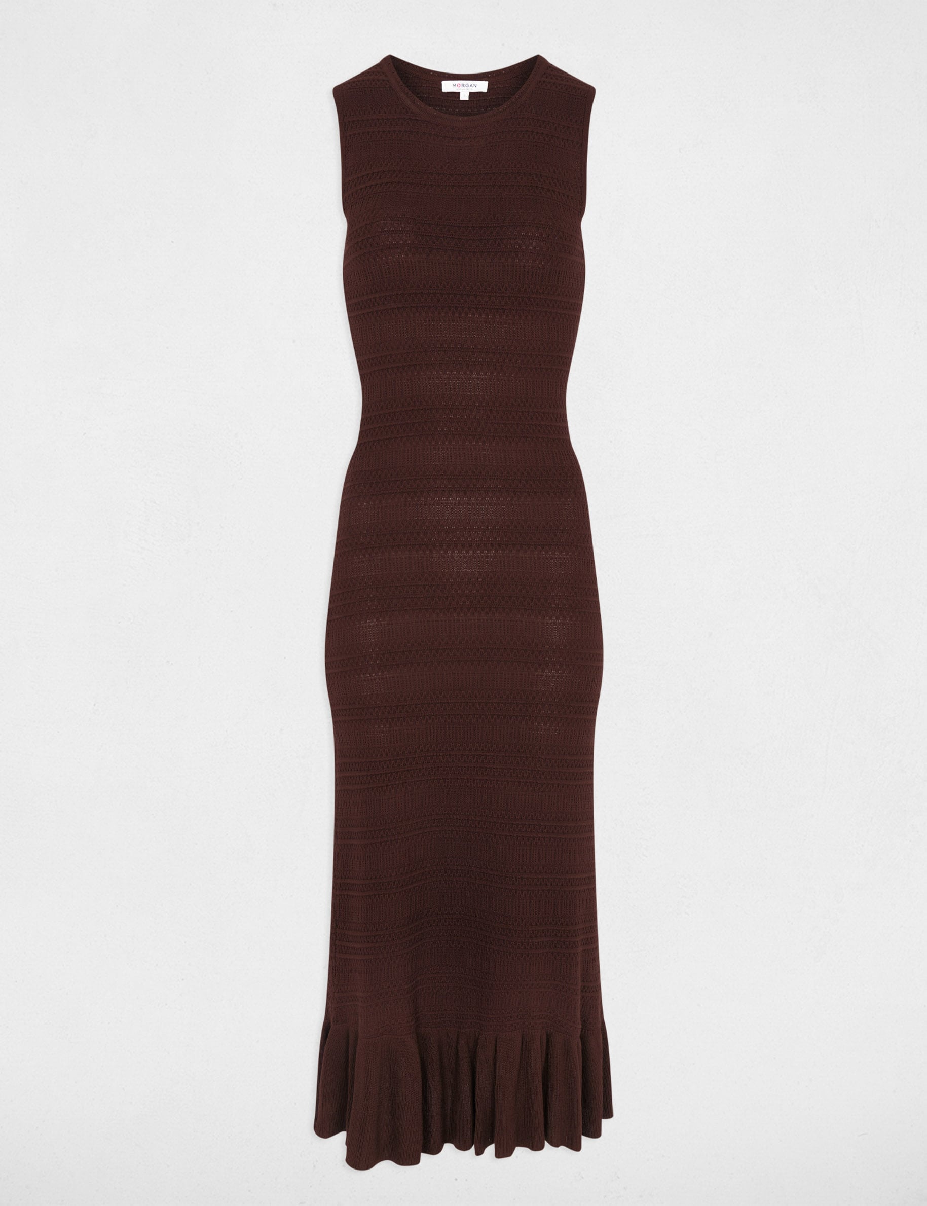 Robe tricot longue sans manches marron fonc&eacute; femme