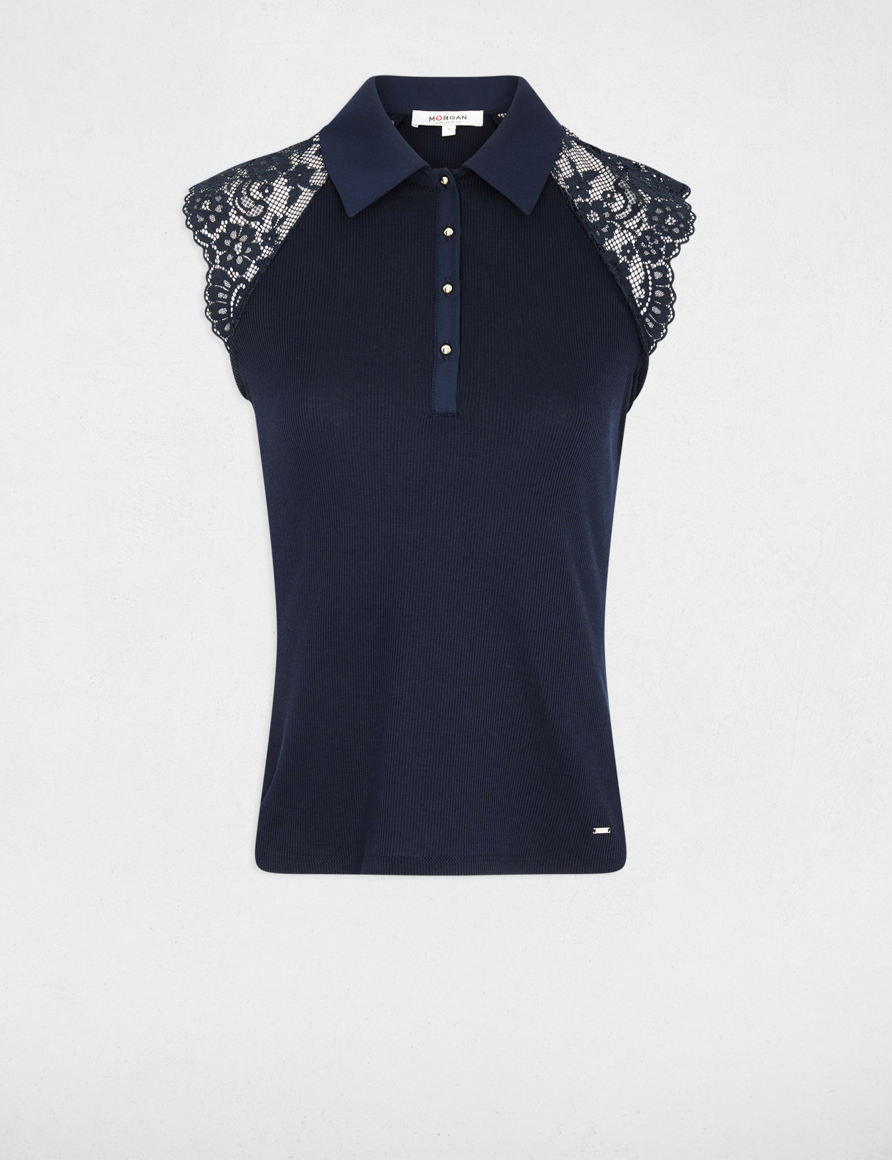 T-shirt dentelle col revers bleu marine femme