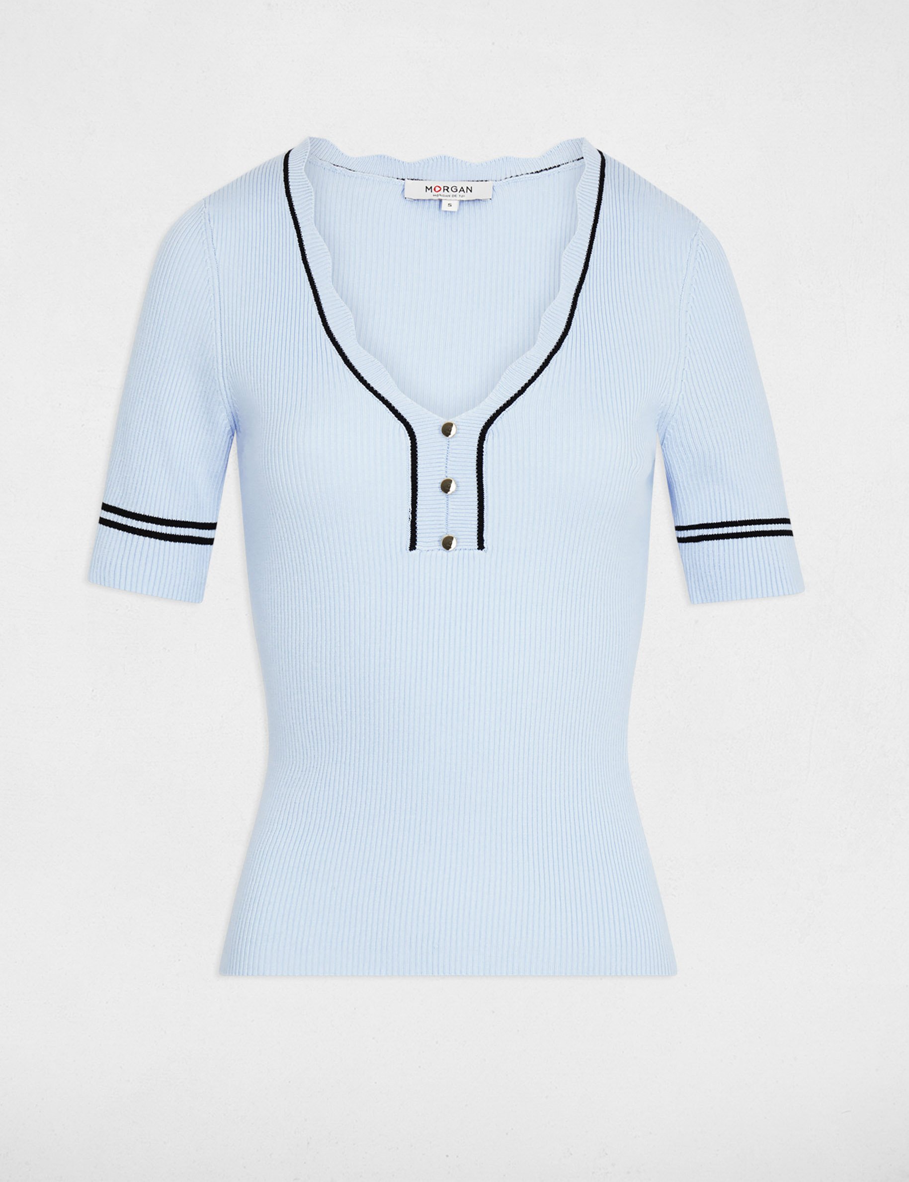 Pull ajust&eacute; col v bleu ciel femme