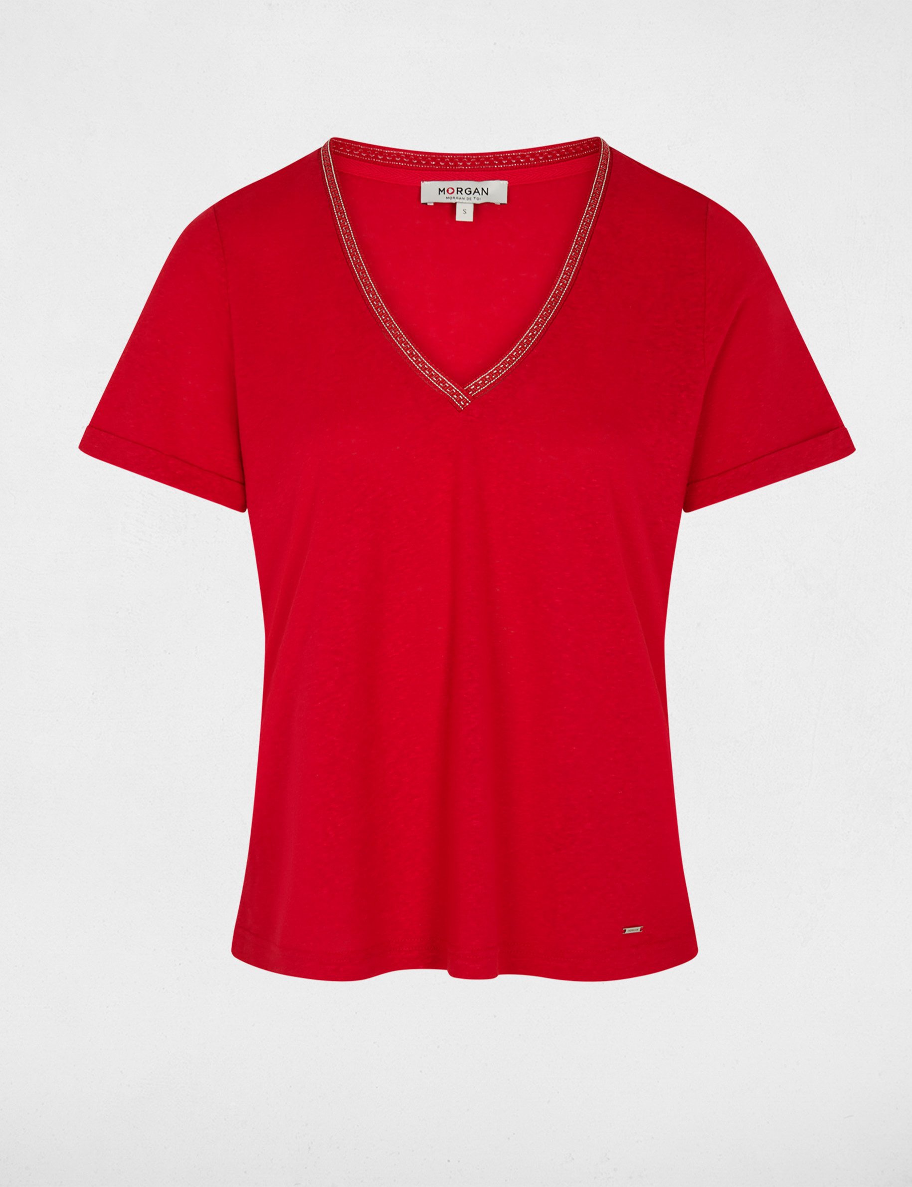 T-shirt col v perl&eacute; rouge femme