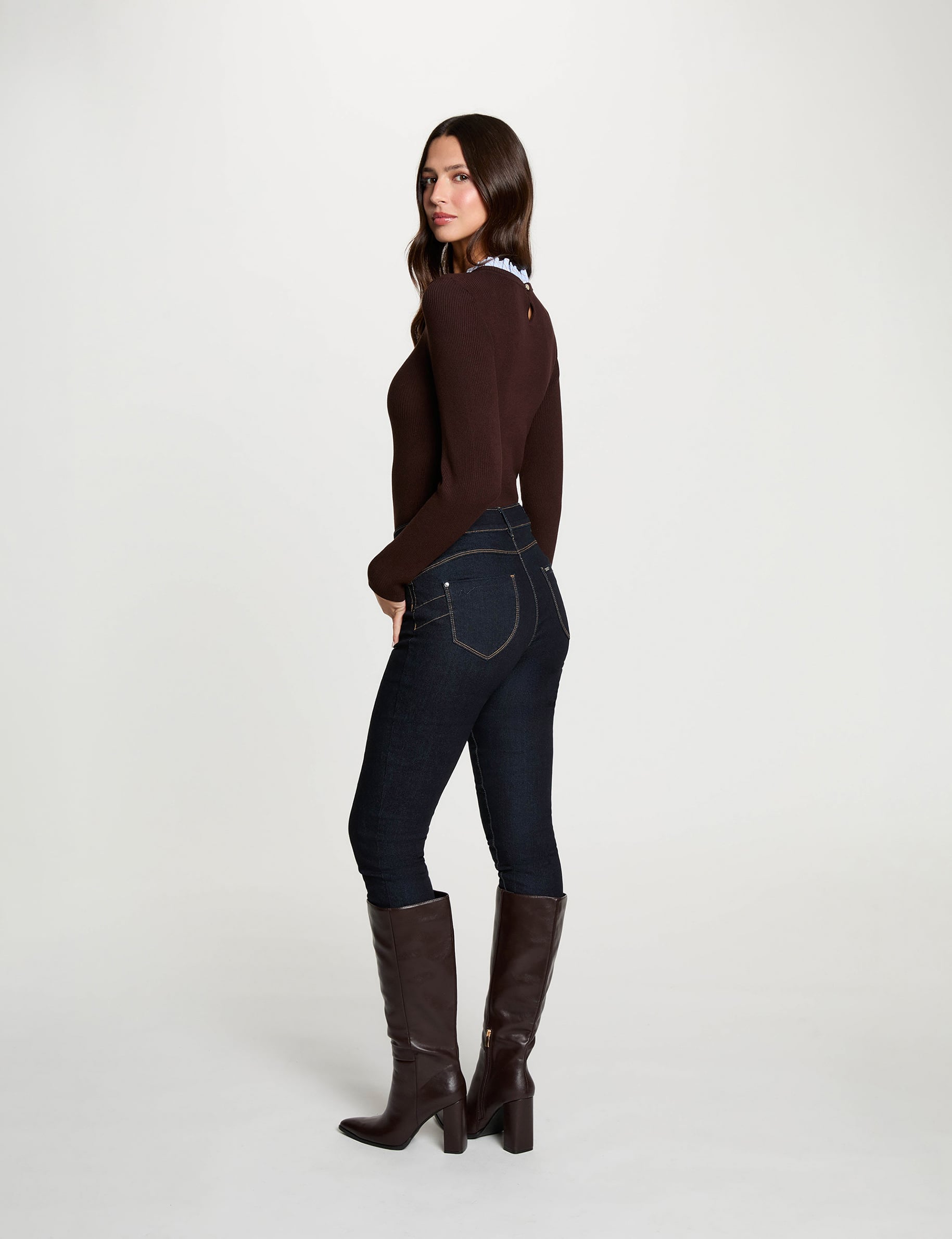 Pullover mit Rundhals und Volants dunkelbraun damen