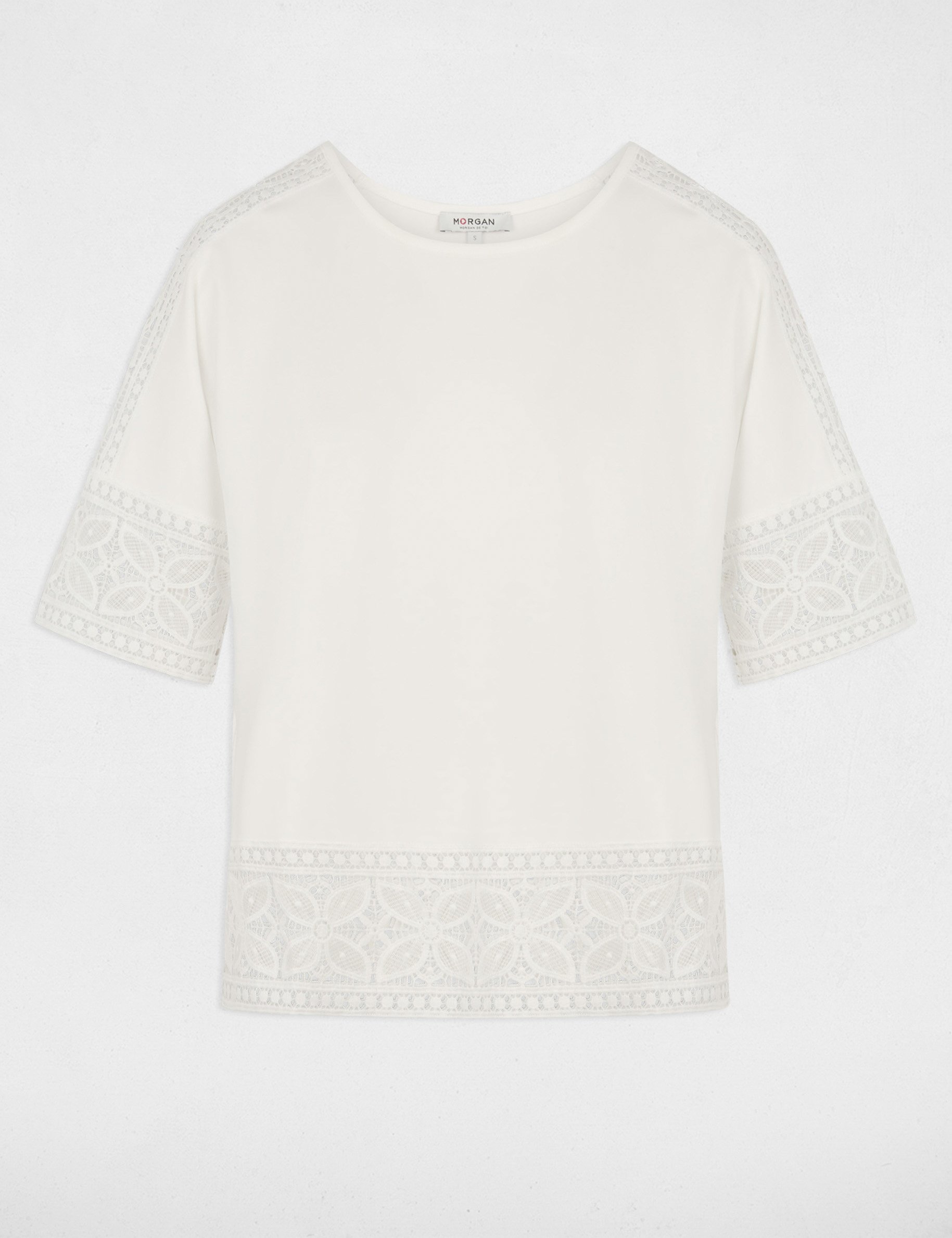 T-Shirt mit Rundhals und Spitze weiss damen