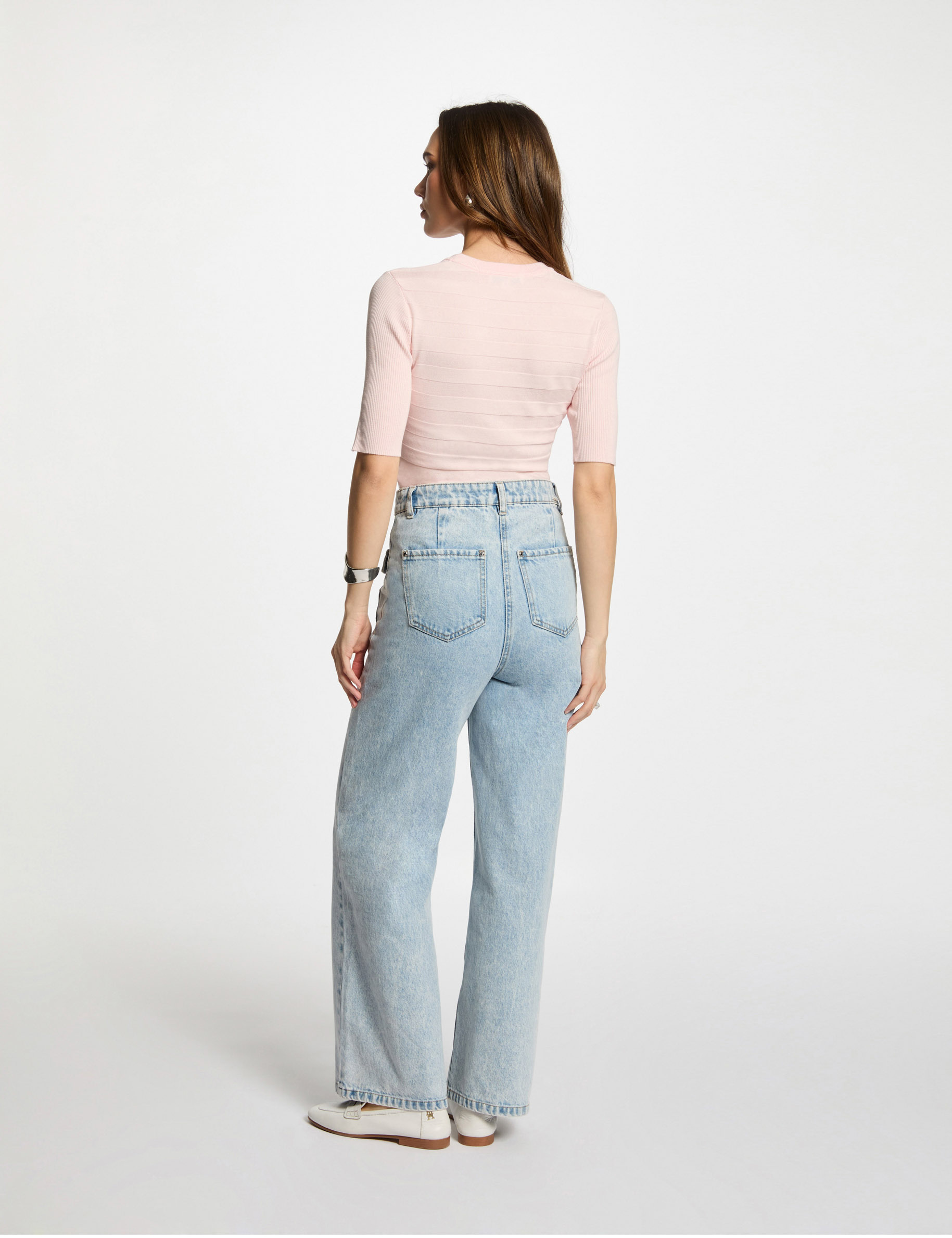 pull col rond manches courtes rose clair femme Pull col rond manches courtes rose clair femme