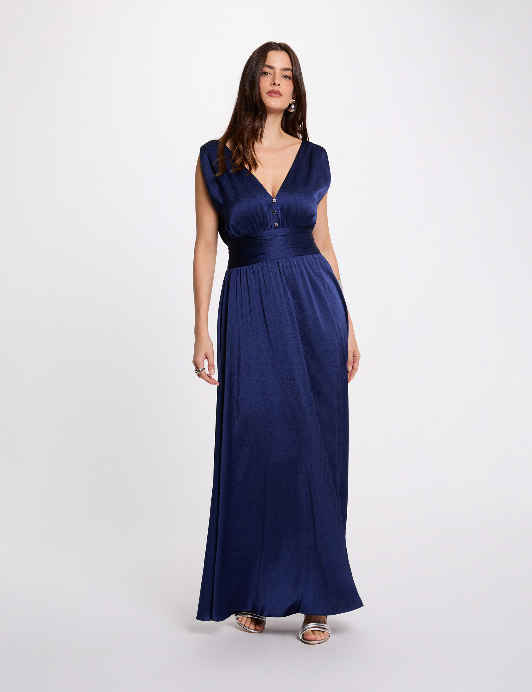 Langes, flie&szlig;endes Kleid marineblau damen
