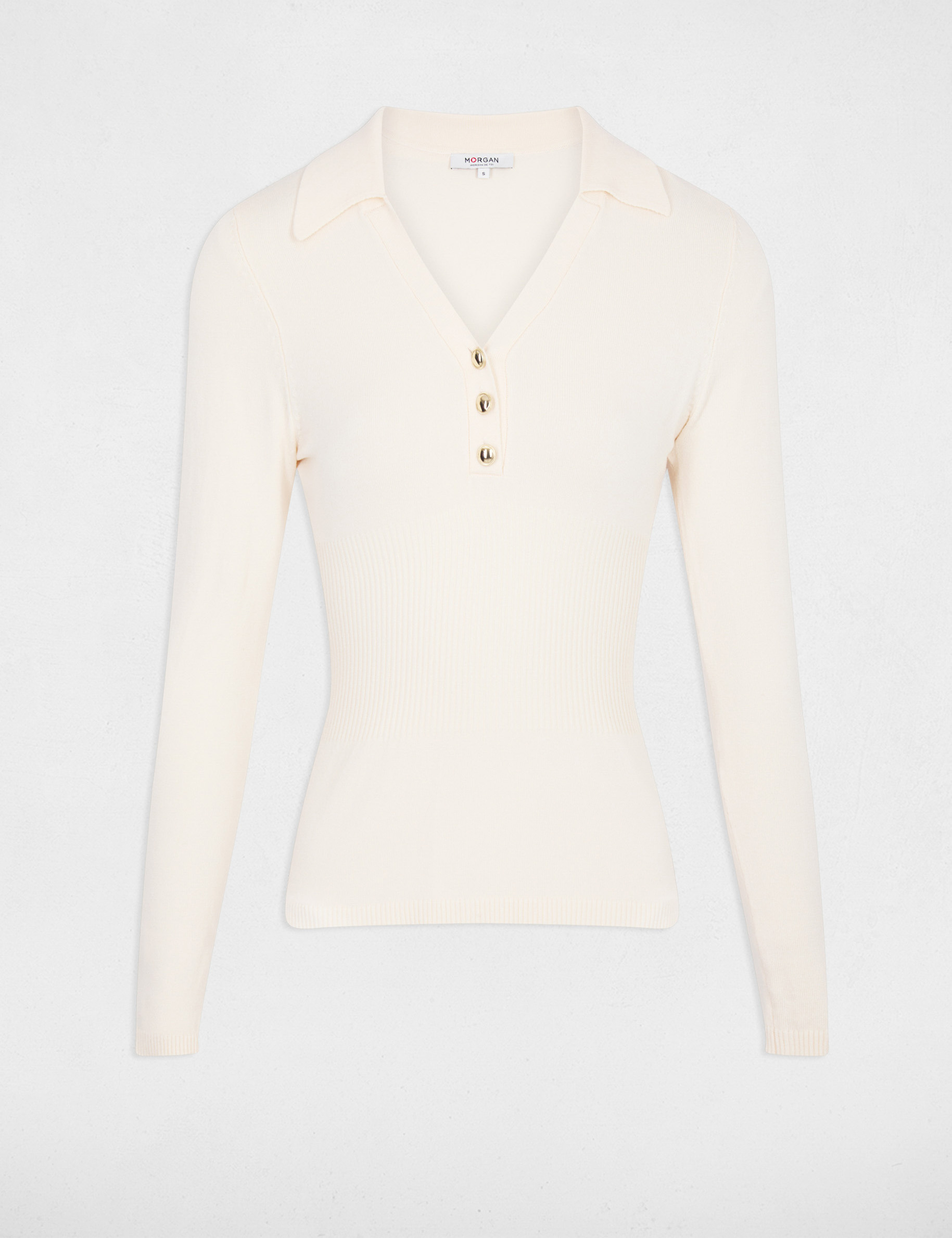 Pull ajust&eacute; col polo ivoire femme