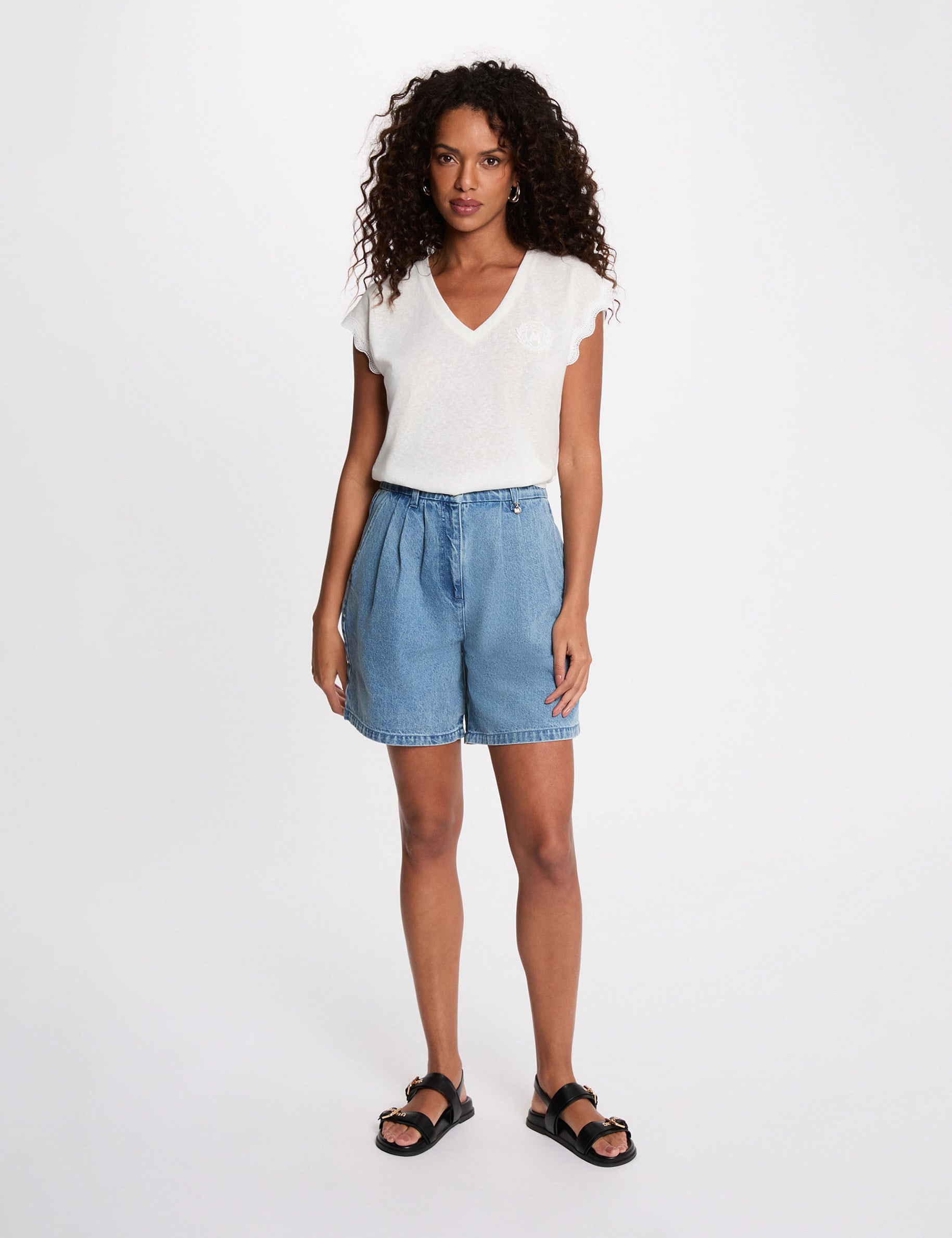 T-shirt col v manches courtes blanc femme