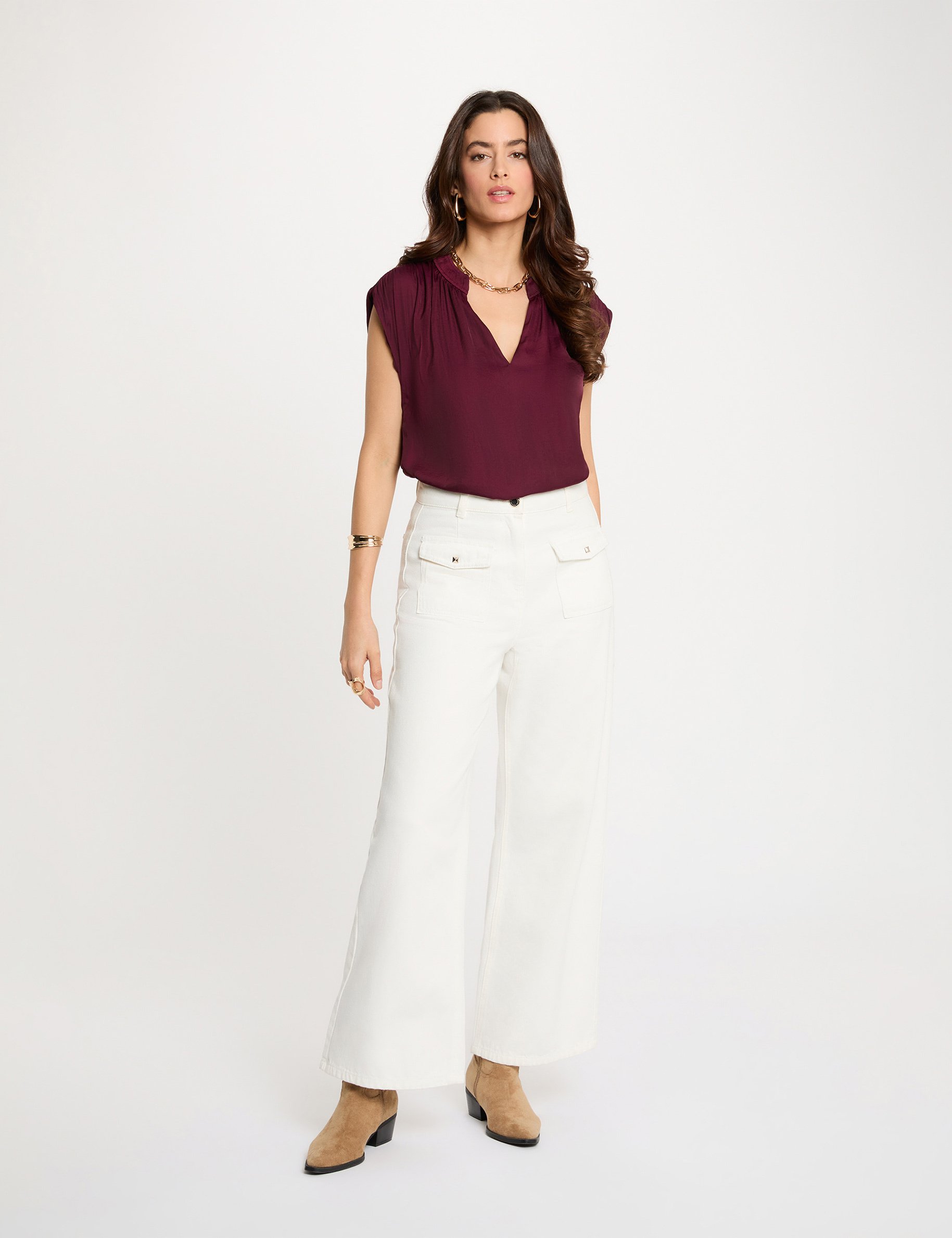 Kurzarm Satinbluse pflaume damen