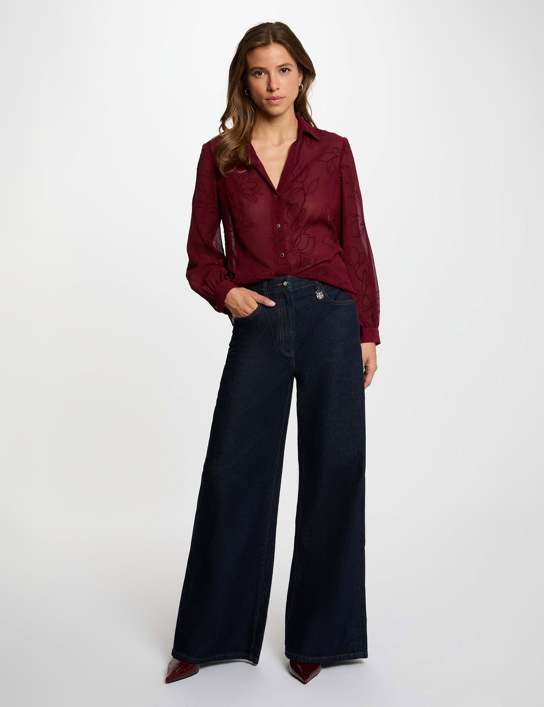Bedrucktes Voile-Hemd bordeaux damen