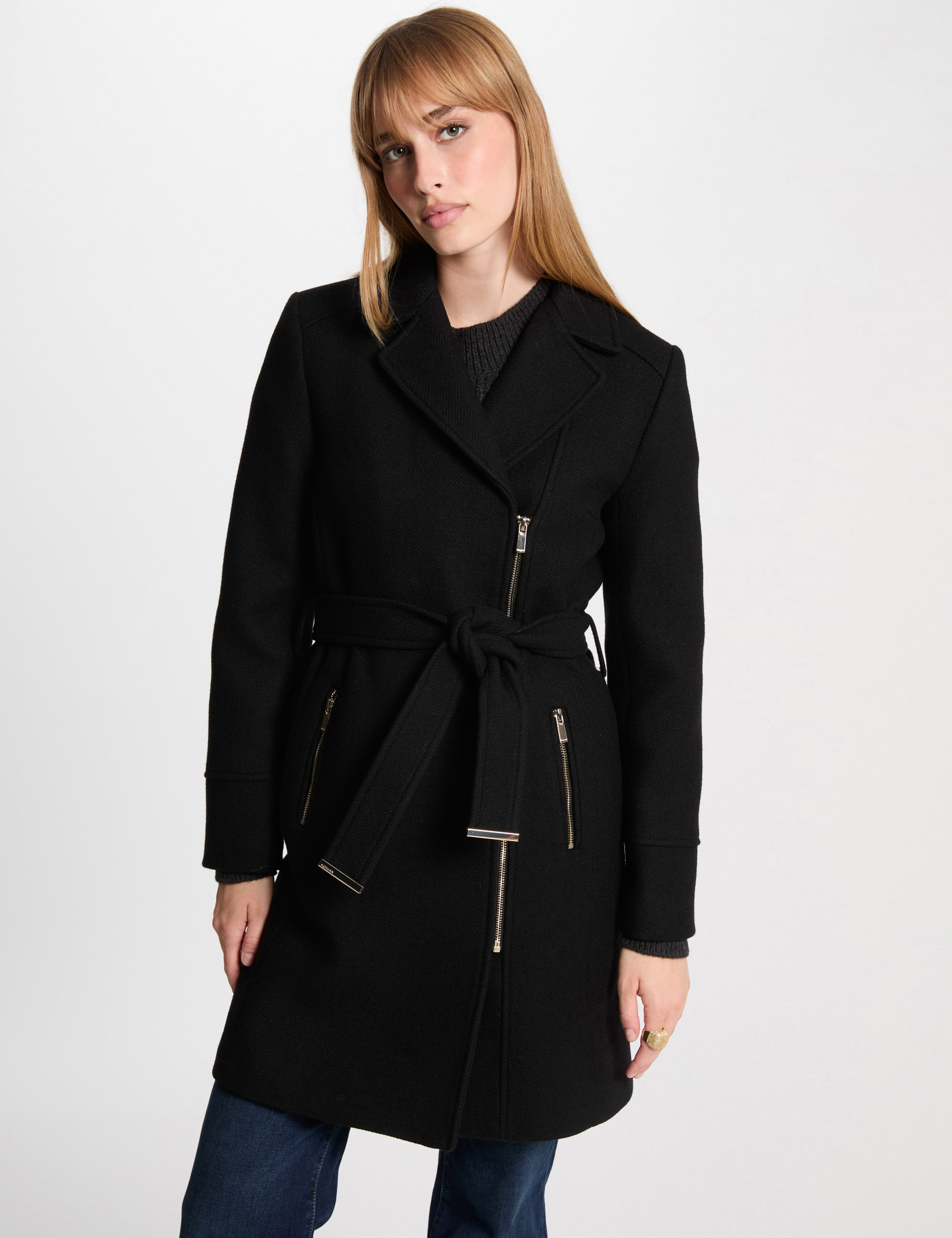 Manteau long ceinture noir femme