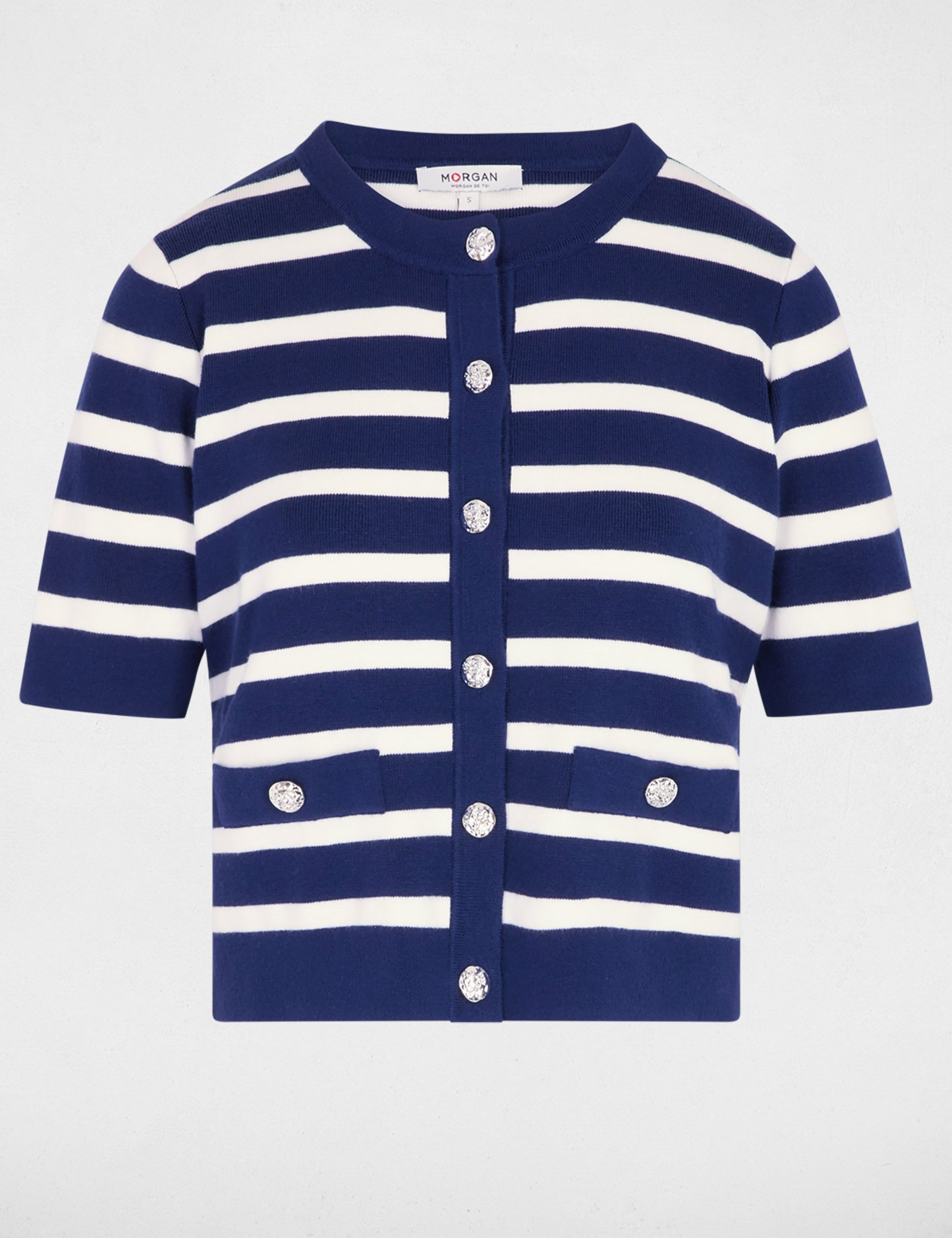 Gestreifte Strickjacke mit kurzen &Auml;rmeln marineblau damen