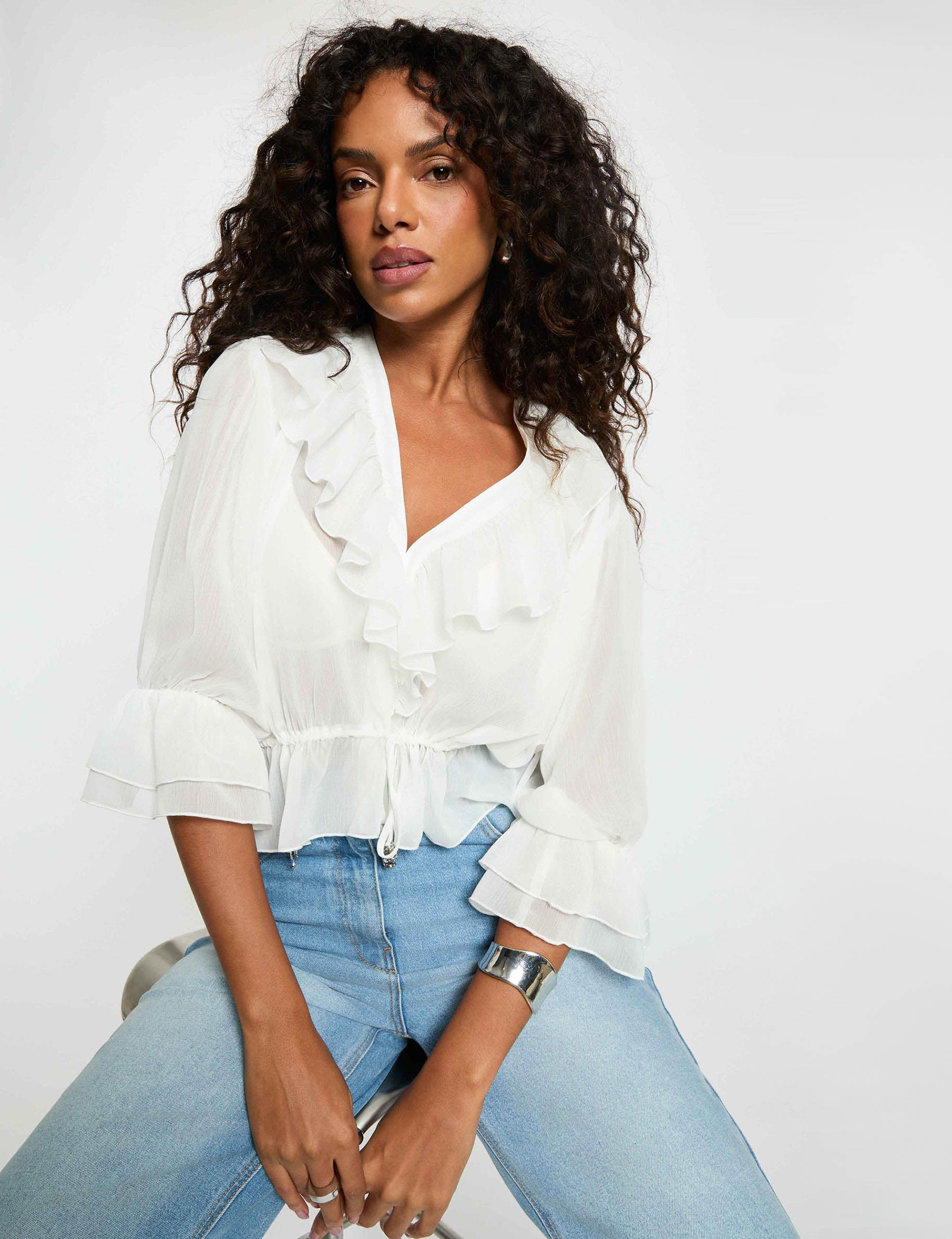 Bluse aus Voile mit V-Ausschnitt weiss damen