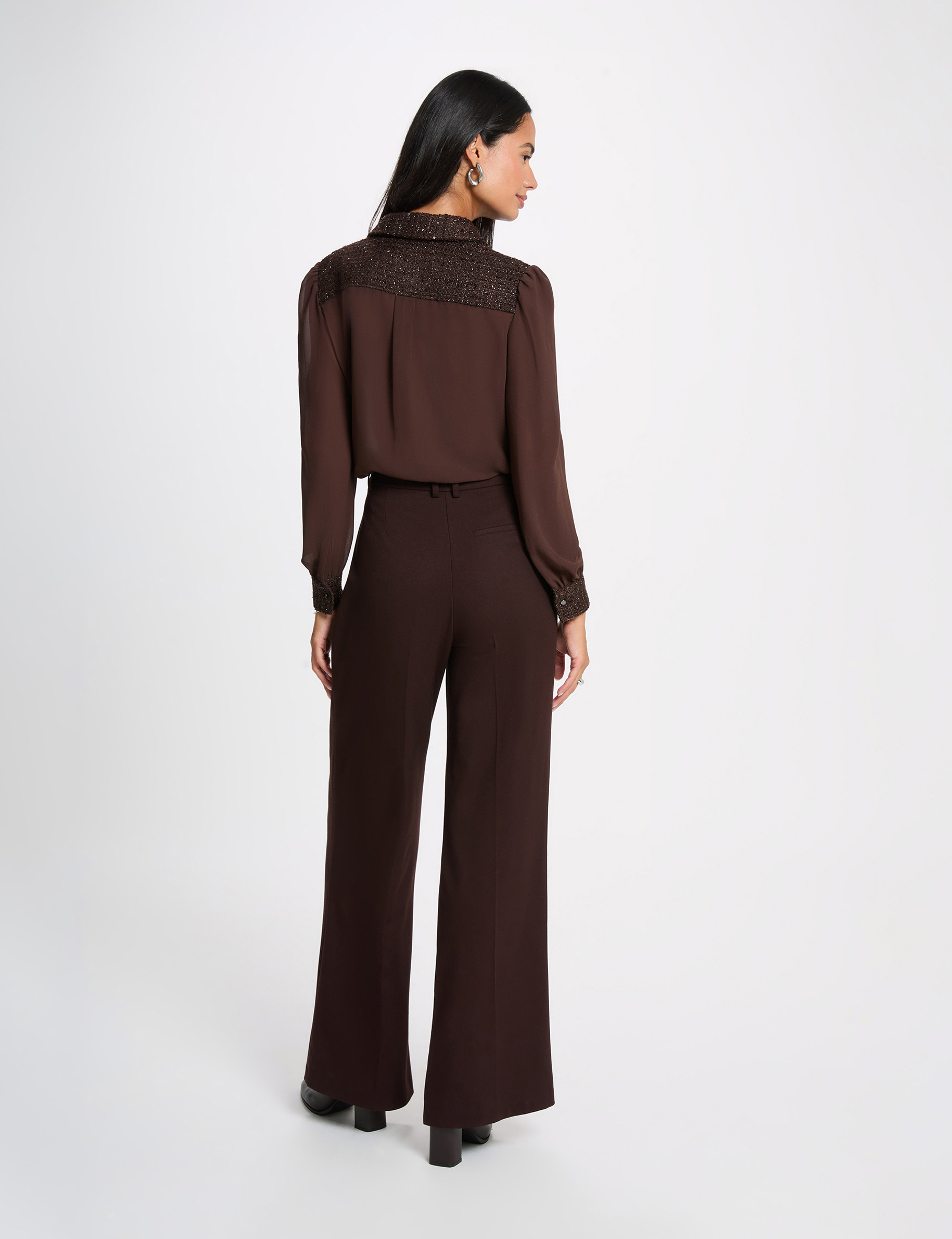 Chemise tweed col &agrave; revers marron fonc&eacute; femme
