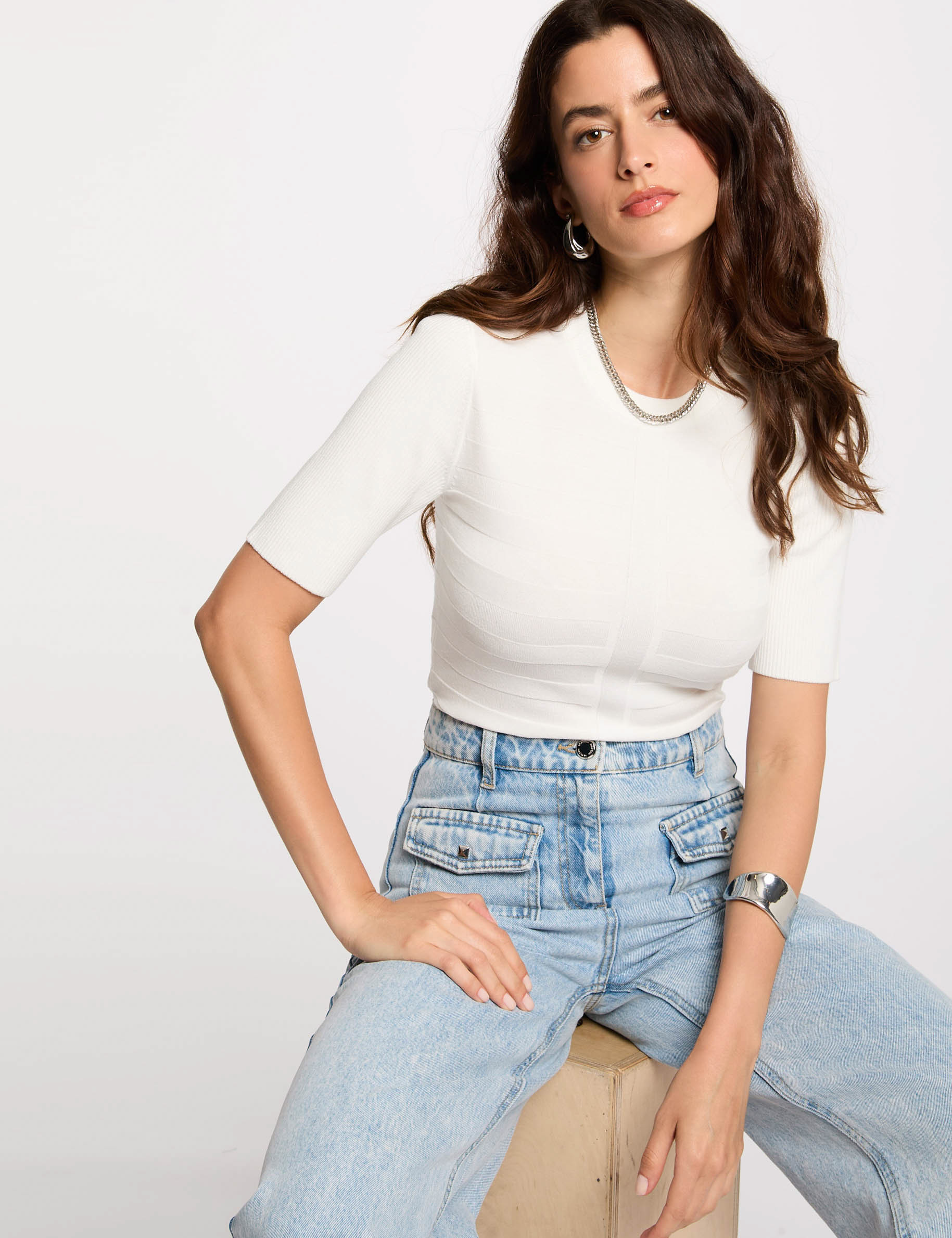 pull col rond manches courtes ivoire femme Pull col rond manches courtes ivoire femme