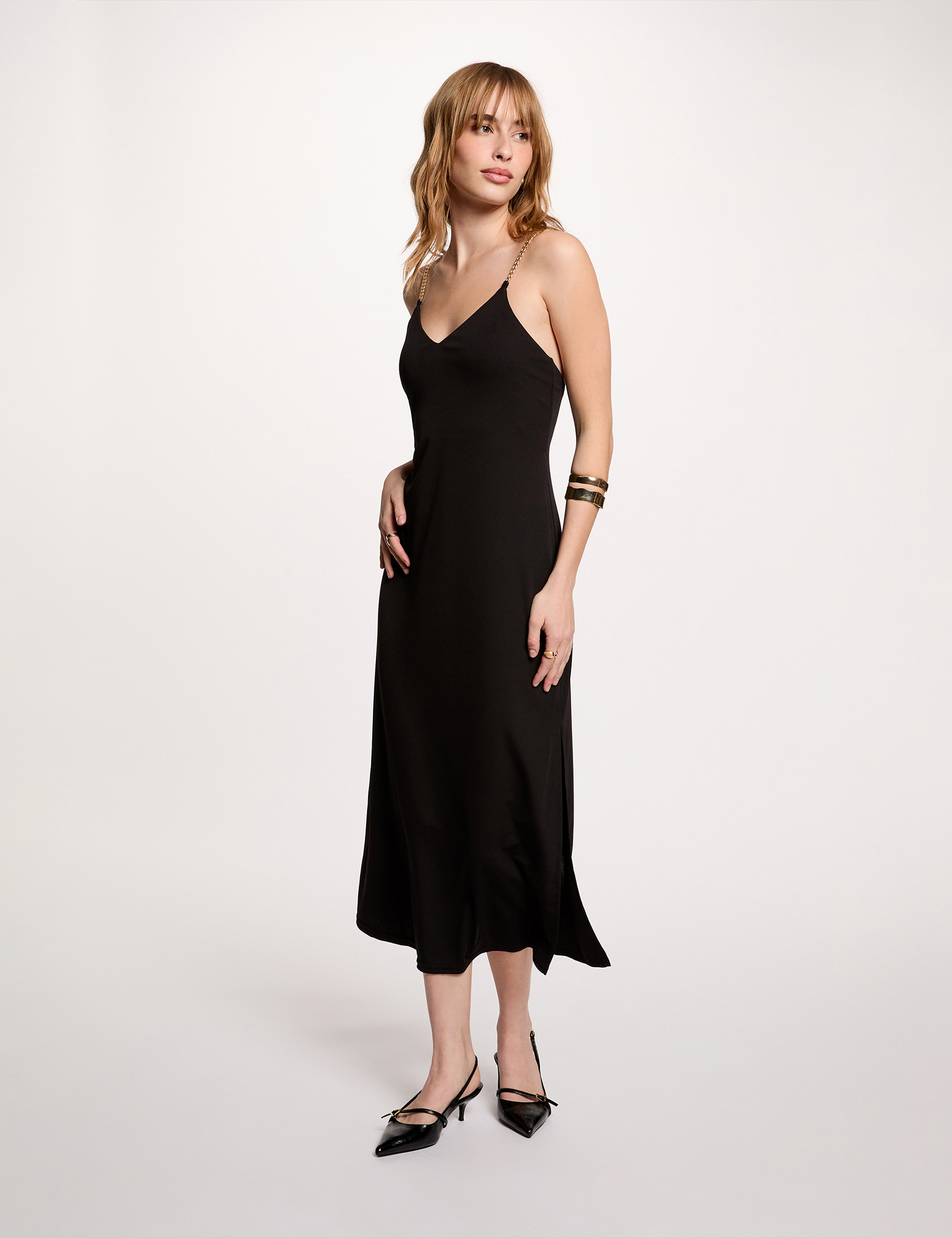 Robe mi-longue bretelles cha&icirc;ne noir femme
