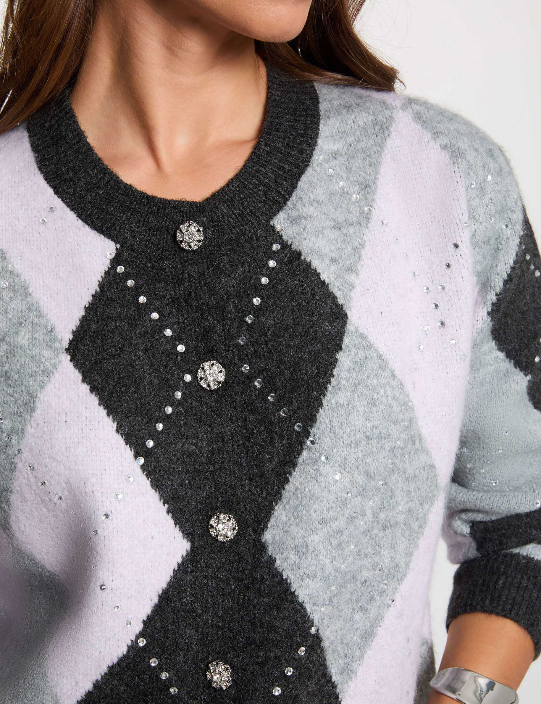 Strickjacke mit Jacquard und Rundhals mittelgrau damen