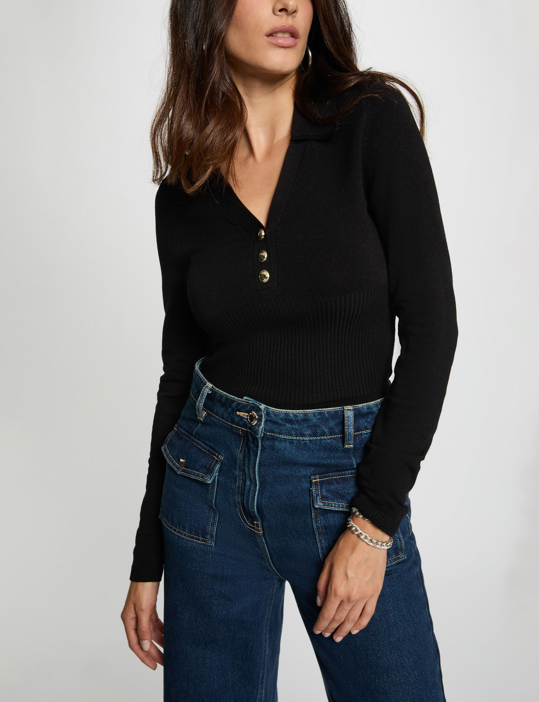 pull ajuste col polo noir femme Pull ajusté col polo noir femme