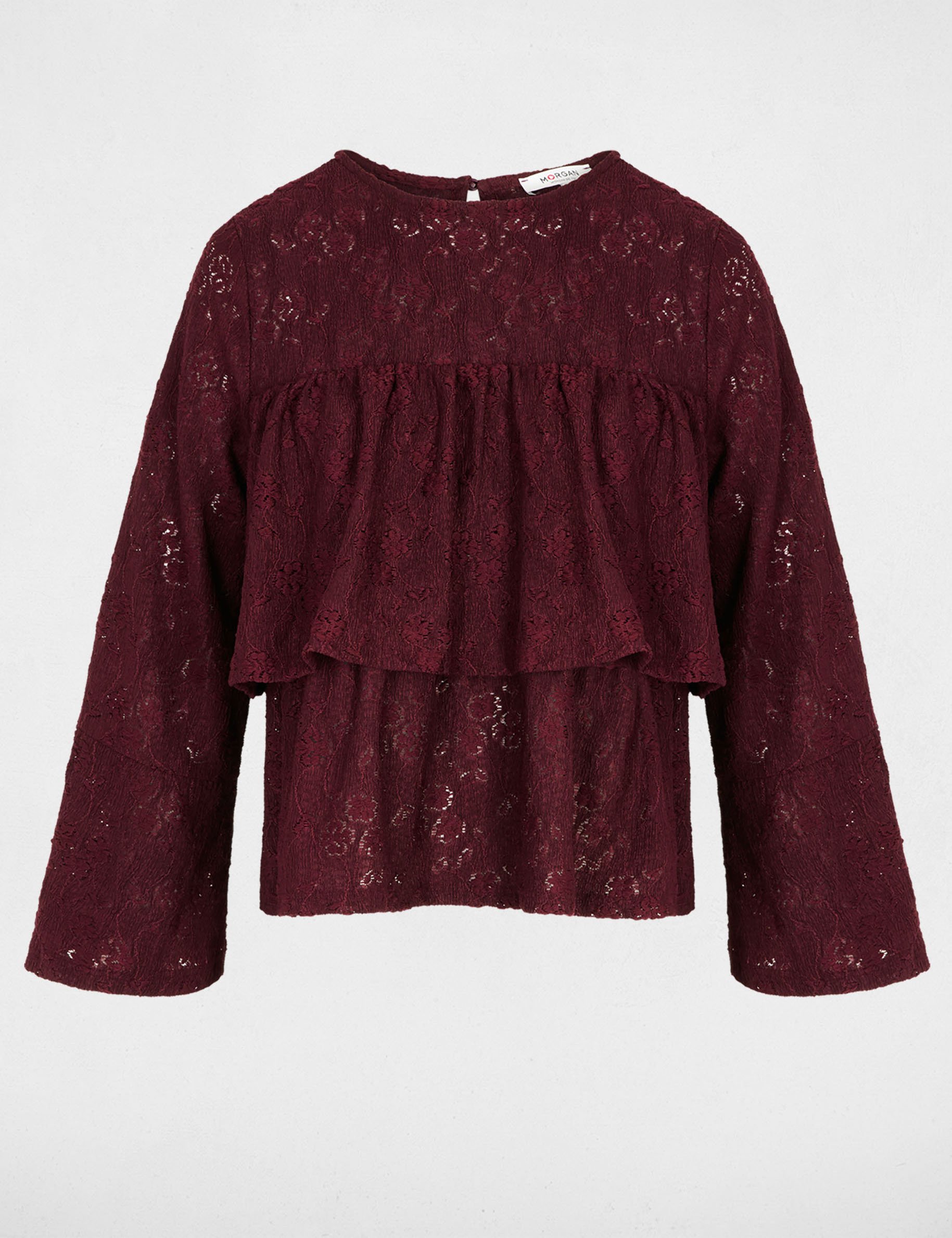 T-Shirt mit Spitze und R&uuml;schen bordeaux damen